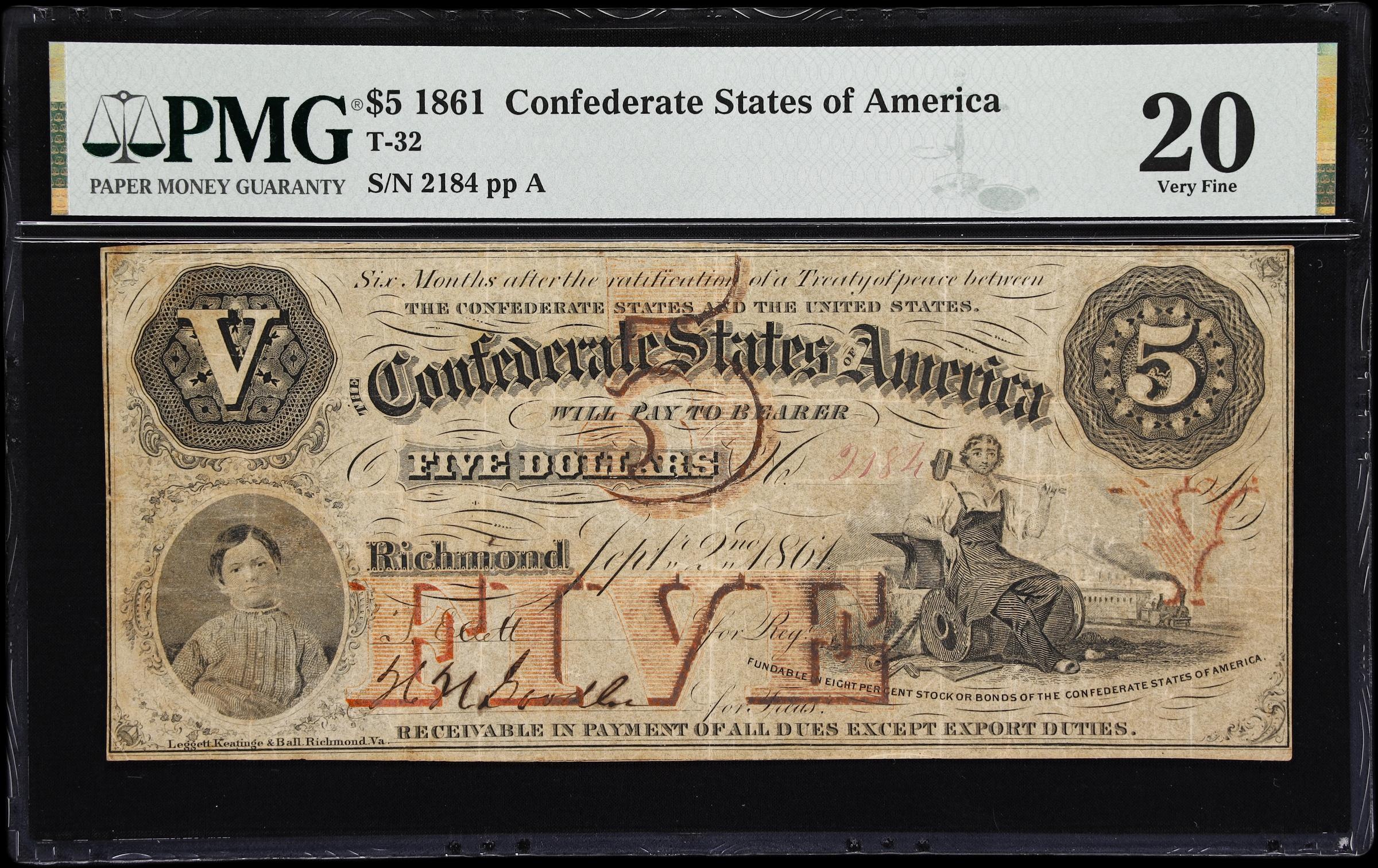image for: T-32. Confederate Currency. 1861 $5. PMG Very Fine 20.