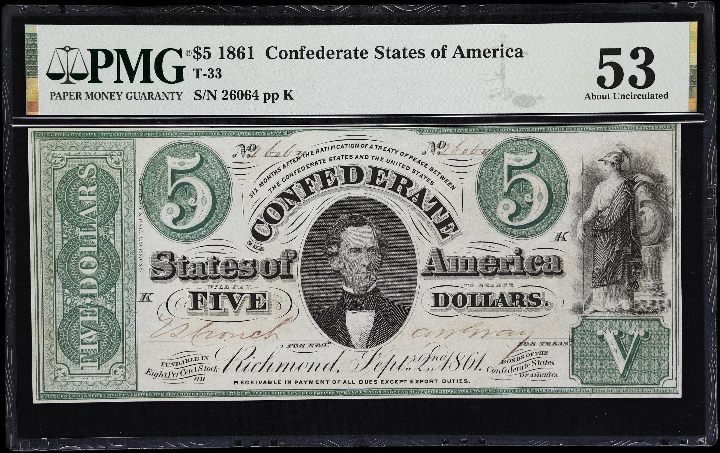 image for: T-33. Confederate Currency. 1861 $5. PMG About Uncirculated 53.