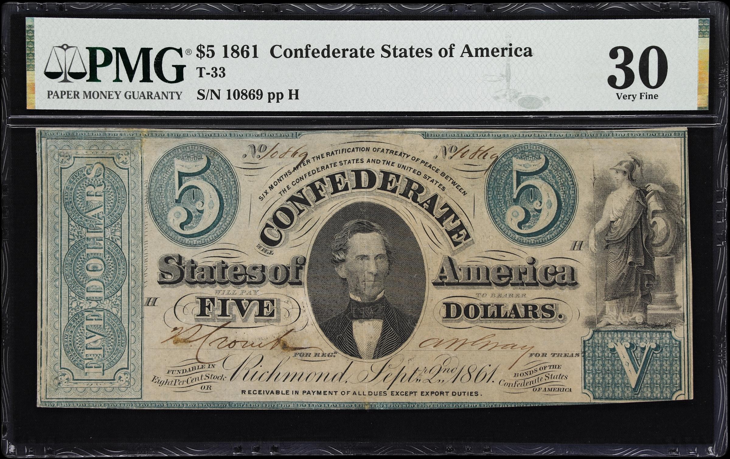 image for: T-33. Confederate Currency. 1861 $5. PMG Very Fine 30. J. Whatman Watermark.