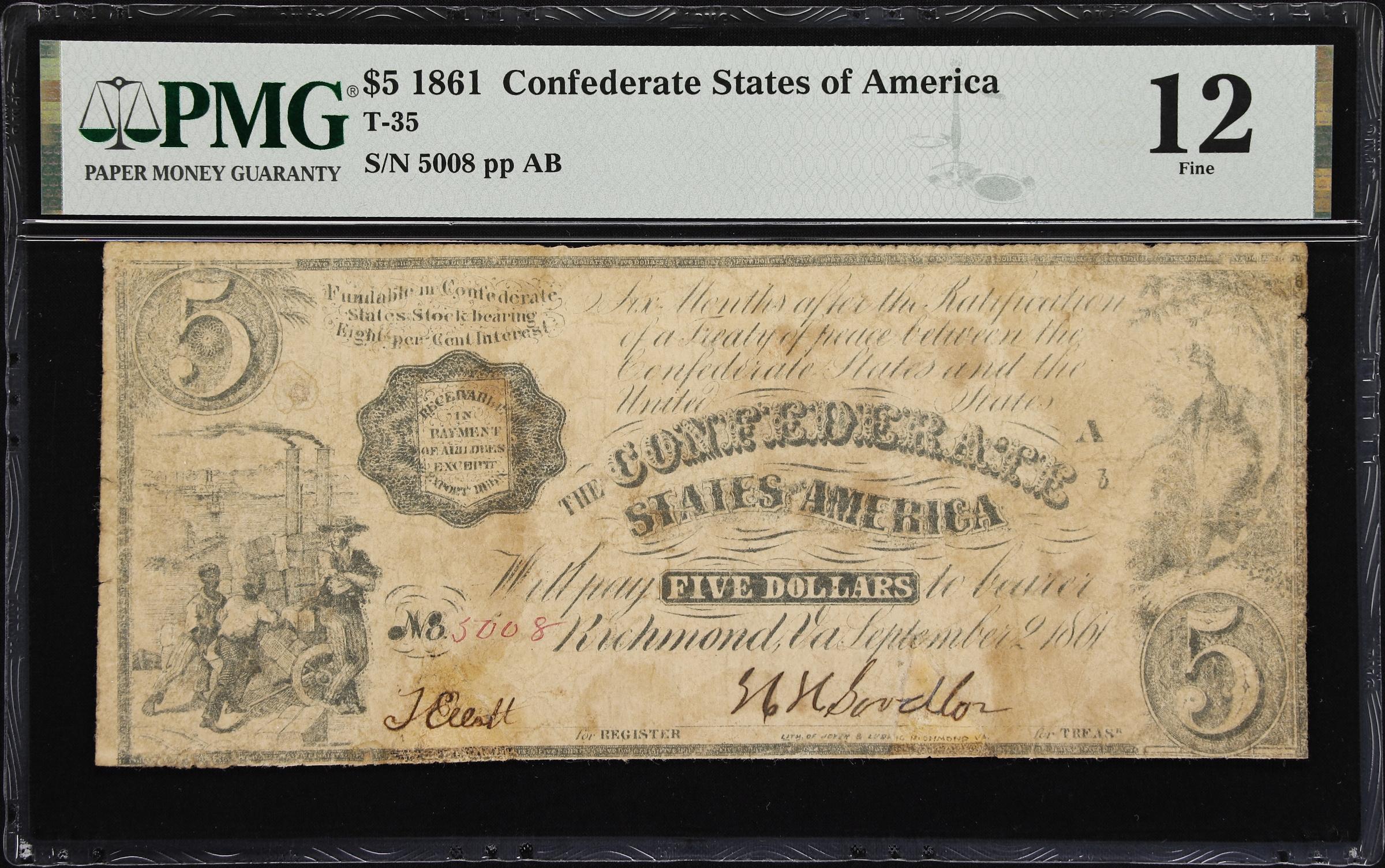 image for: T-35. Confederate Currency. 1861 $5. PMG Fine 12.
