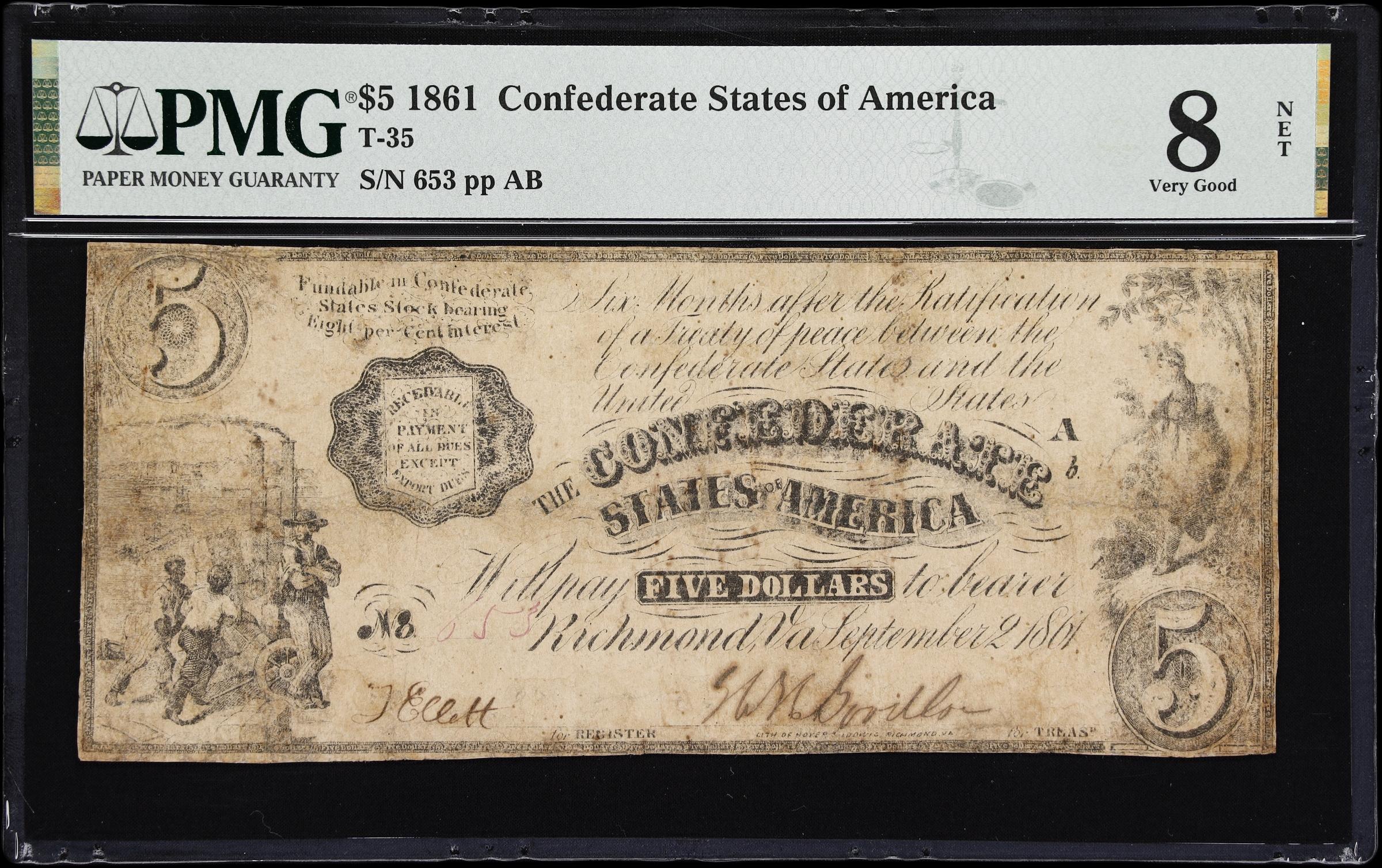 image for: T-35. Confederate Currency. 1861 $5. PMG Very Good 8 Net. Restoration.