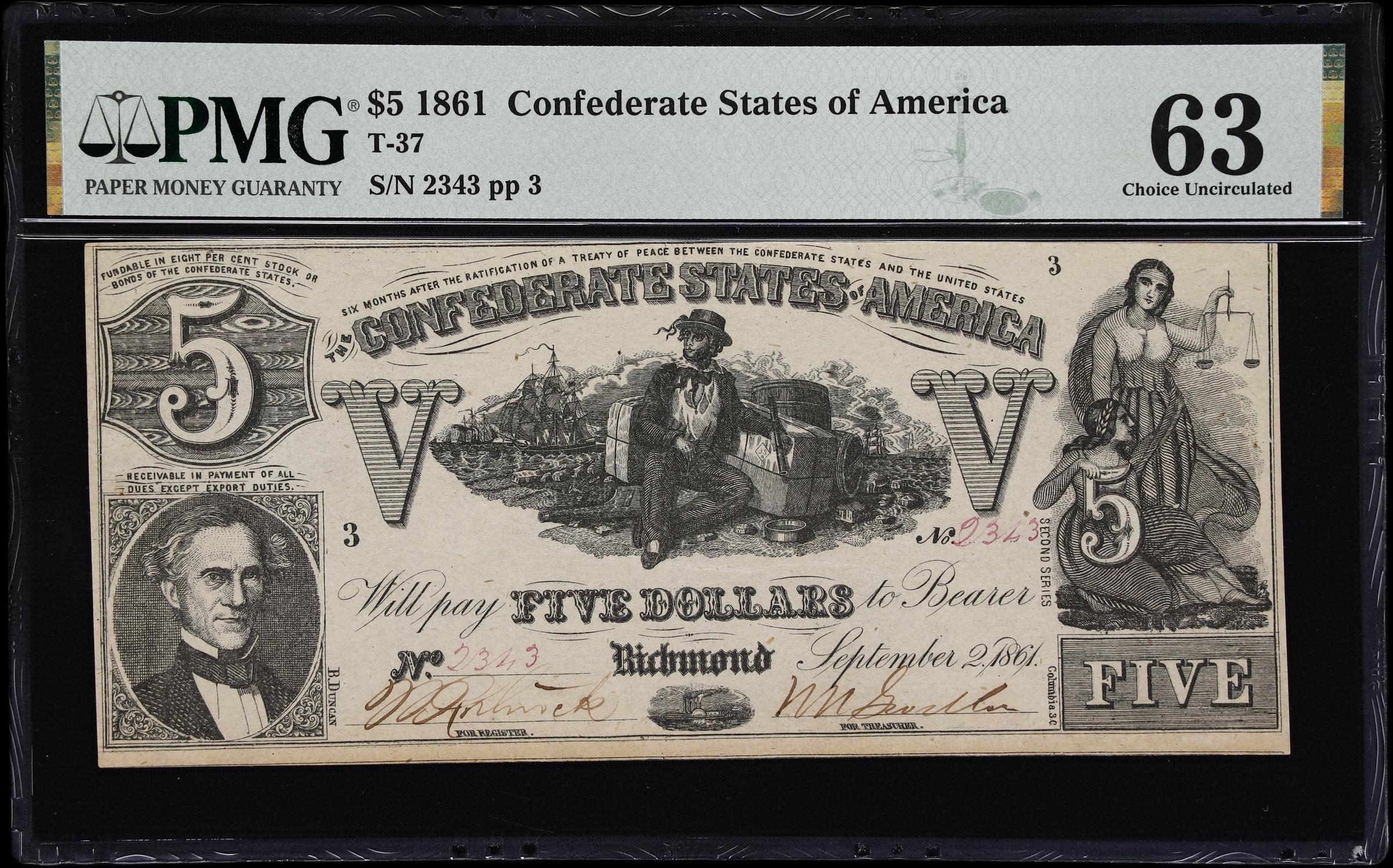 image for: T-37. Confederate Currency. 1861 $5. PMG Choice Uncirculated 63.