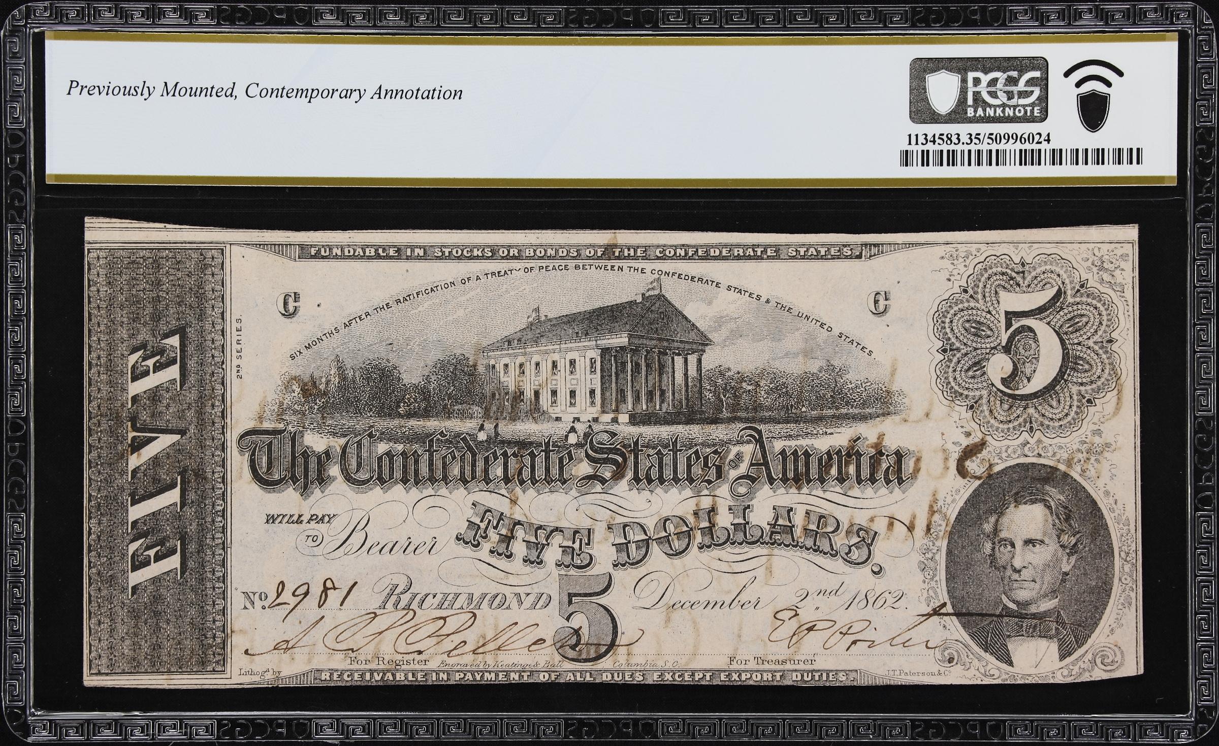 image for: T-53. Confederate Currency. 1862 $5. PCGS Banknote Choice Very Fine 35. Col. Benjamin H. Grierson Signature. PSA/DNA Certificate of Authenticity included.