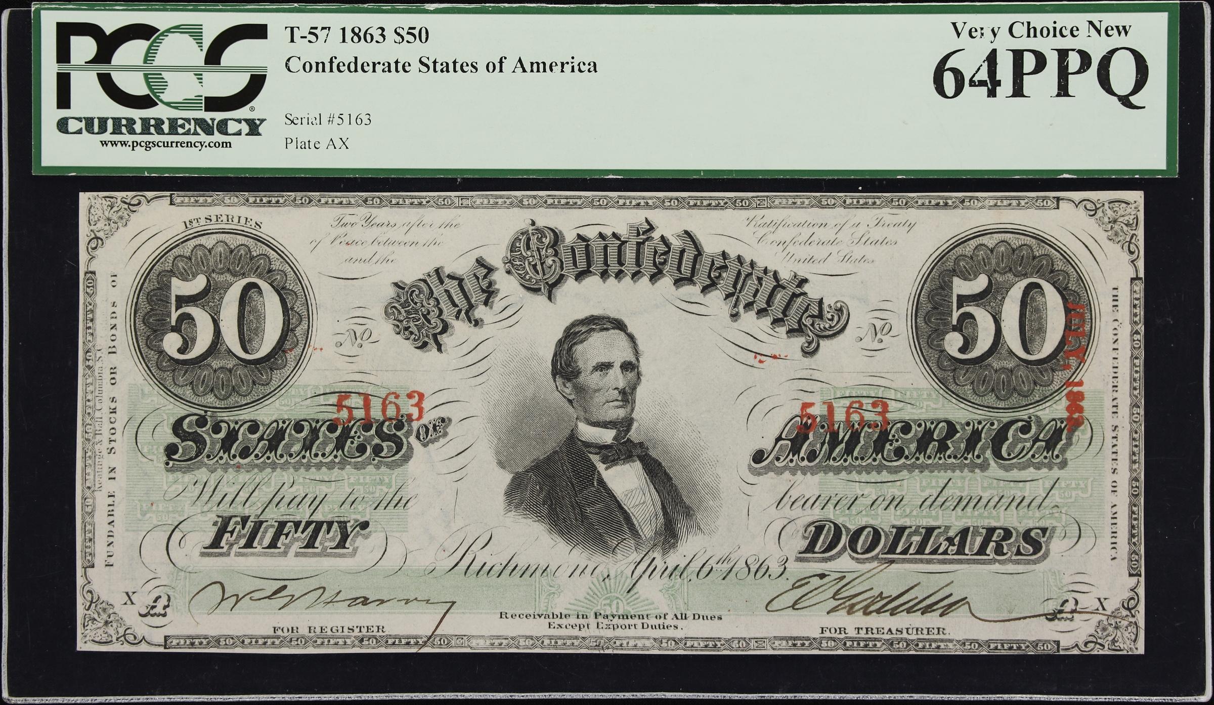 image for: T-57. Confederate Currency. 1863 $50. PCGS Currency Very Choice New 64 PPQ.