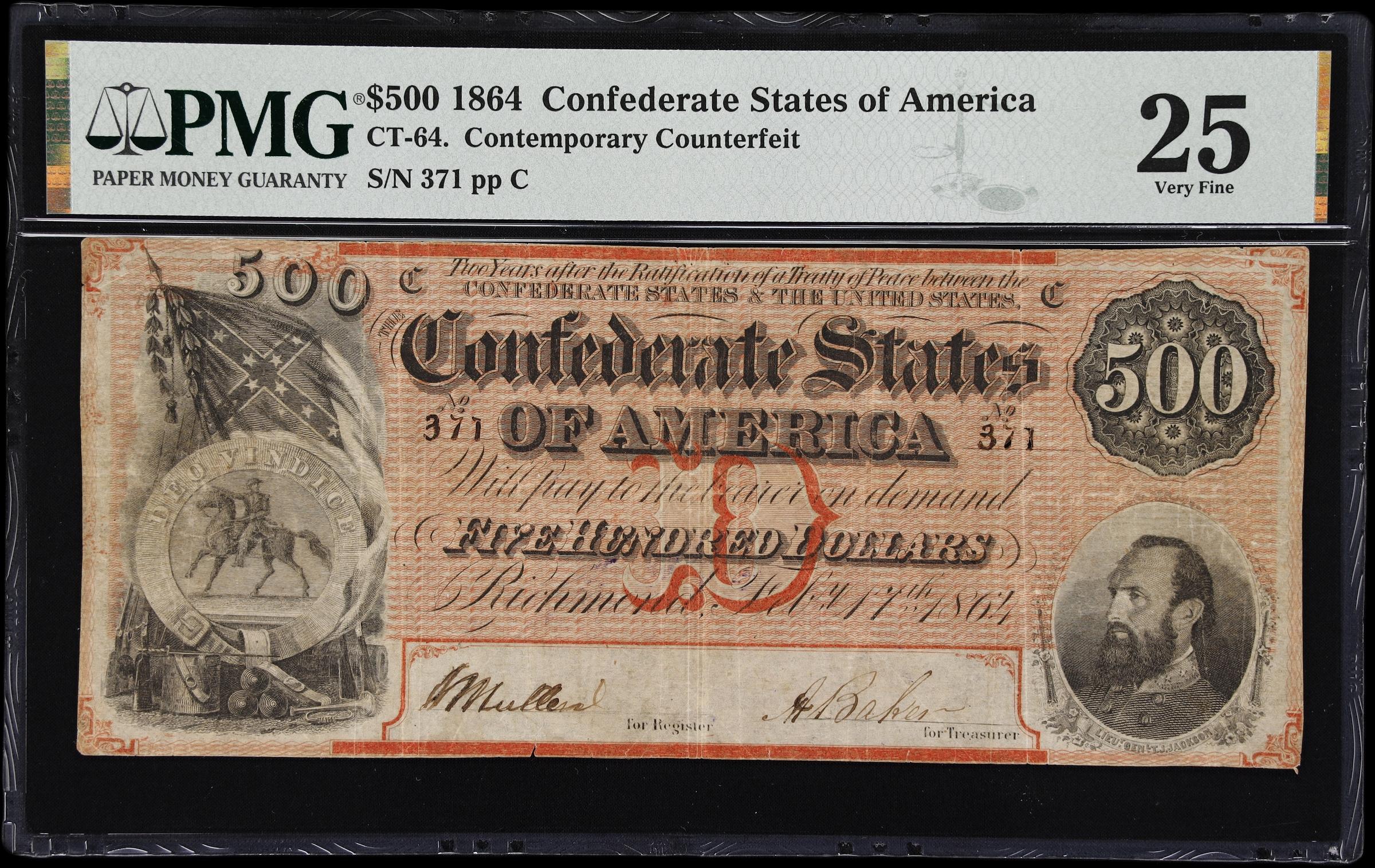 image for: CT-64. Confederate Currency. 1864 $500. PMG Very Fine 25. Contemporary Counterfeit.