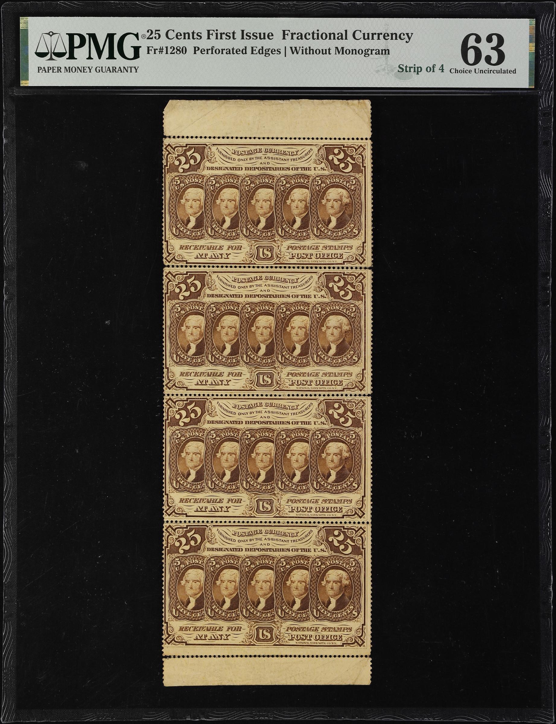 image for: Uncut Sheet of (4) Fr. 1280. 25 Cents. First Issue. PMG Choice Uncirculated 63.