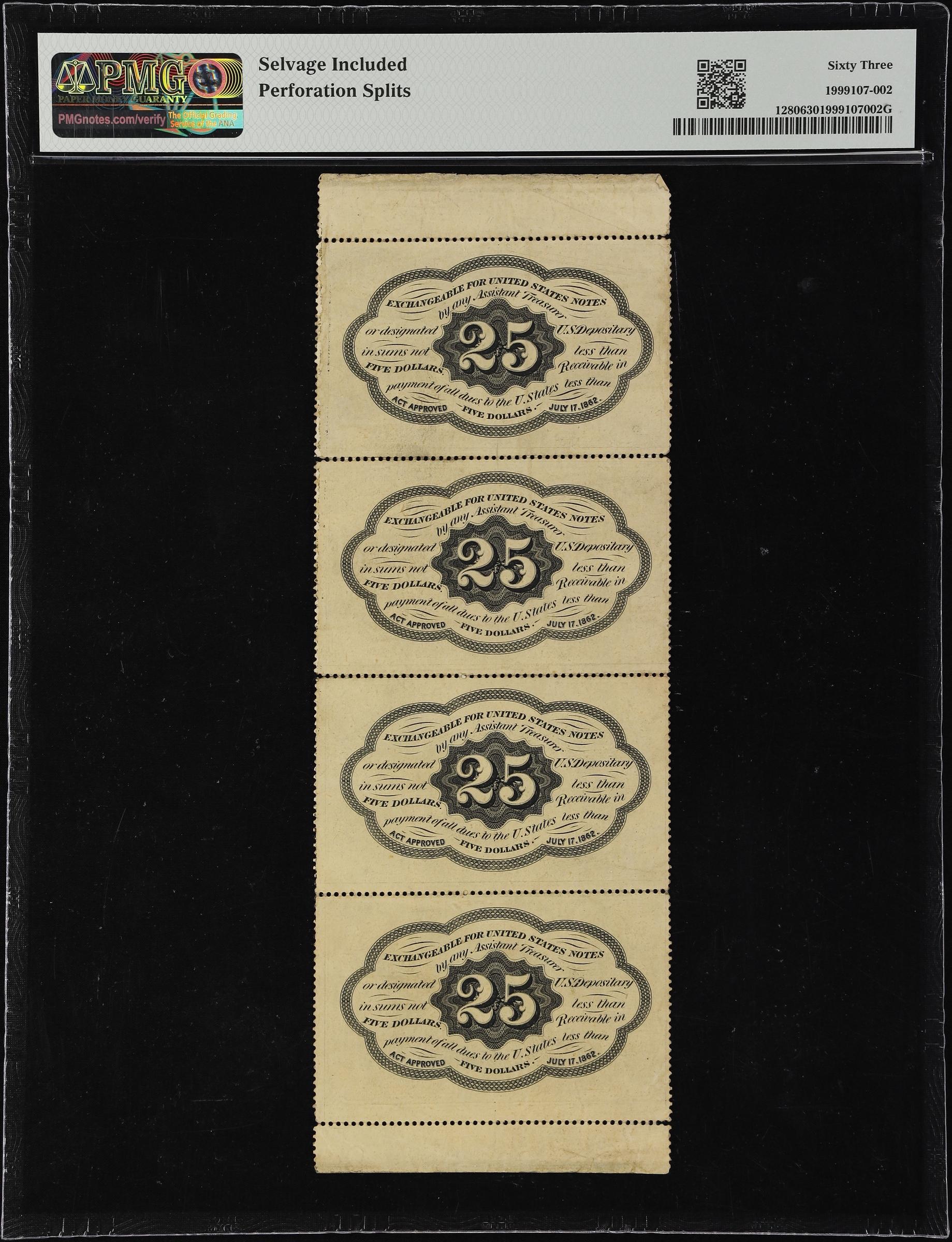 image for: Uncut Sheet of (4) Fr. 1280. 25 Cents. First Issue. PMG Choice Uncirculated 63.