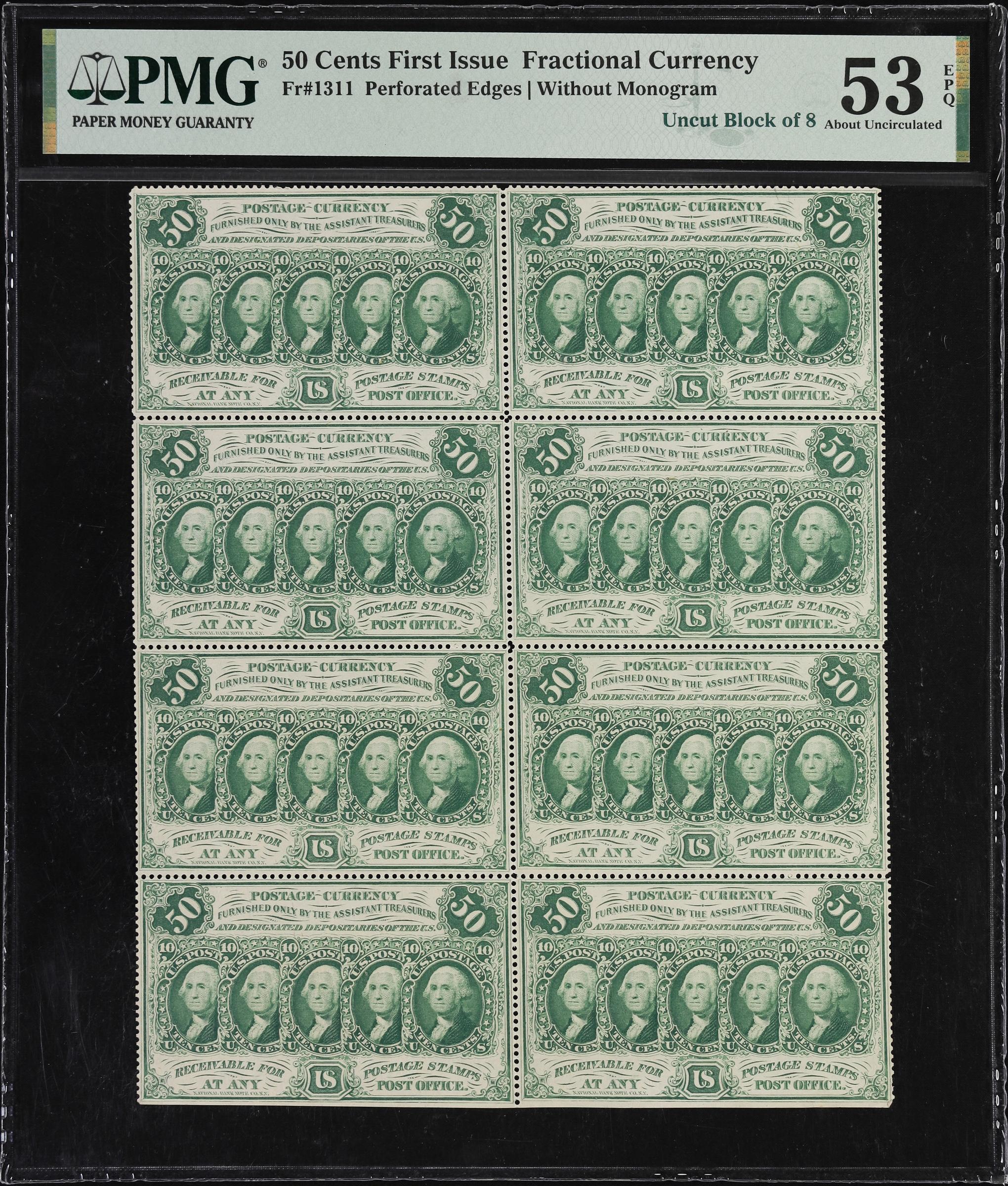 image for: Uncut Sheet of (8). Fr. 1311. 50 Cents. First Issue. PMG About Uncirculated 53 EPQ.