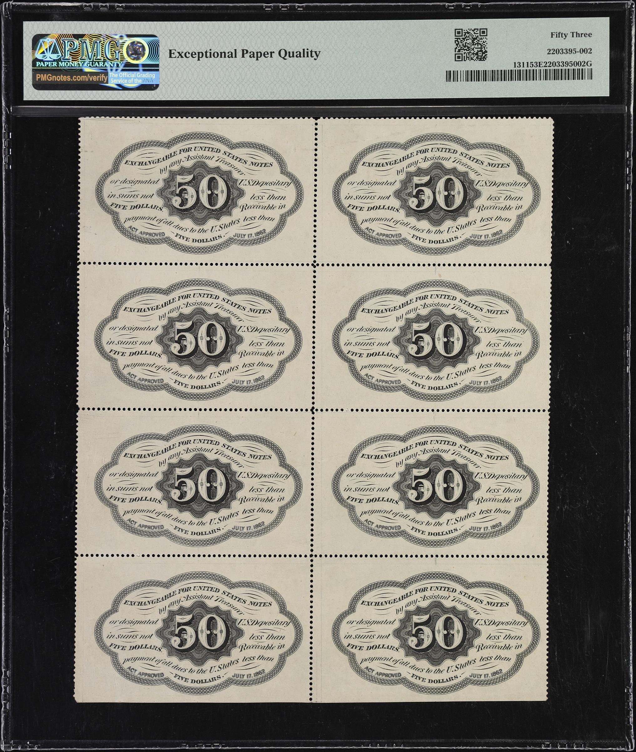 image for: Uncut Sheet of (8). Fr. 1311. 50 Cents. First Issue. PMG About Uncirculated 53 EPQ.