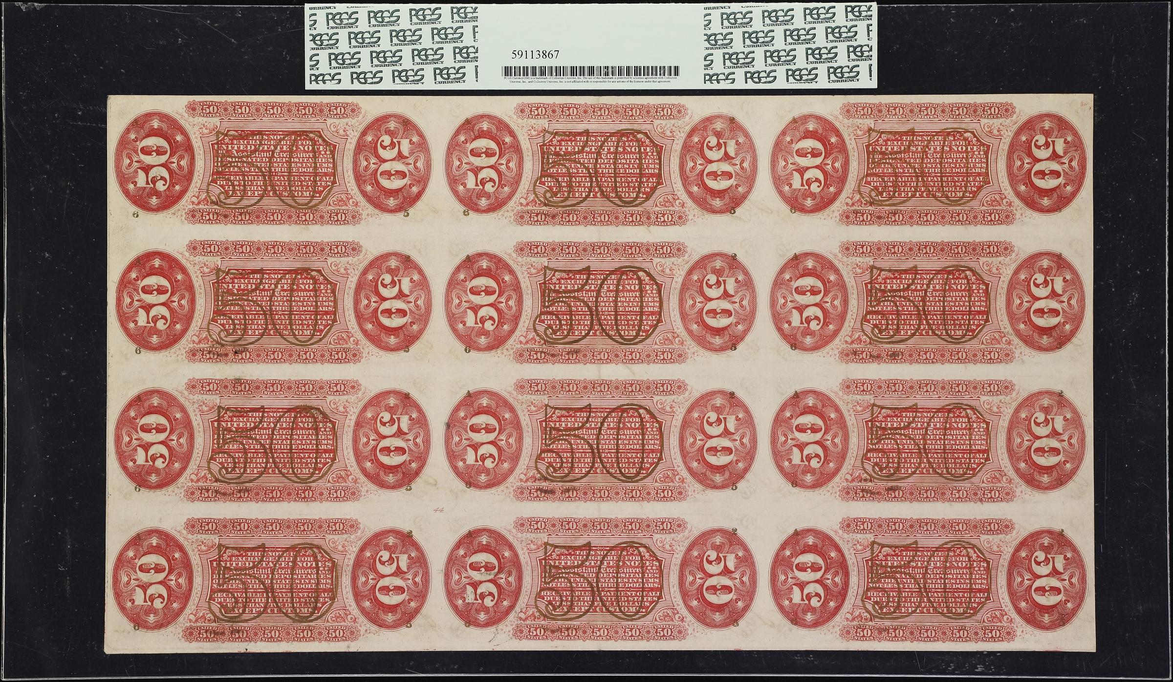 image for: Uncut Sheet of (12) Fr. 1328. 50 Cents. Third Issue. PCGS Currency Choice About New 55 PPQ.