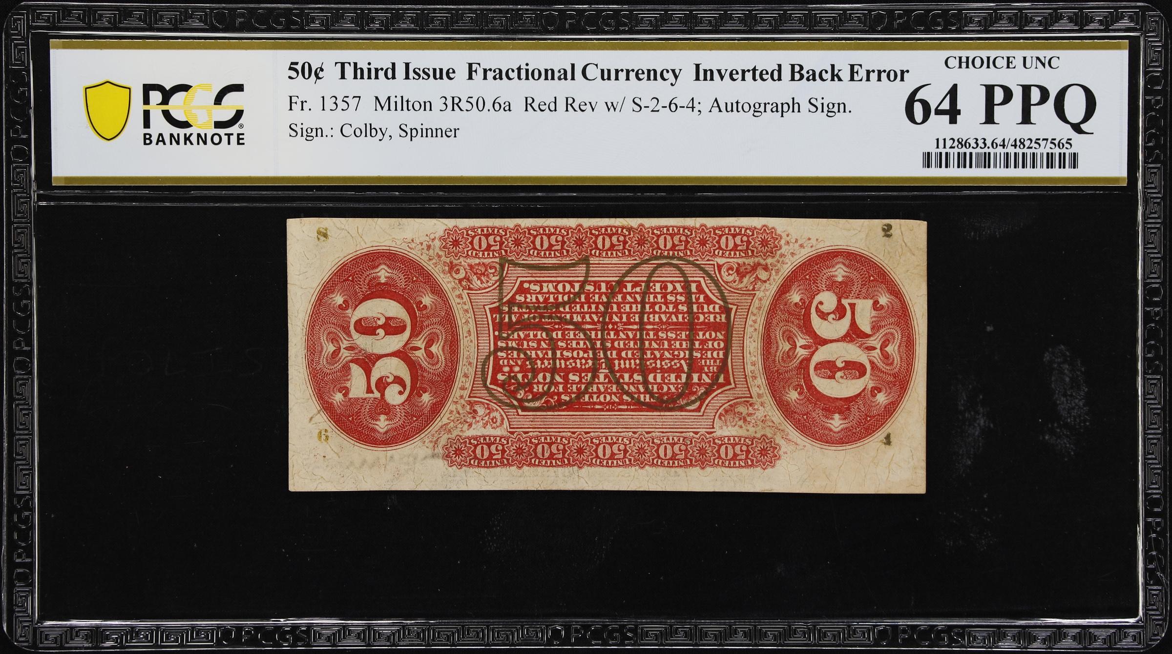image for: Fr. 1357. 50 Cents. Third Issue. PCGS Banknote Choice Uncirculated 64 PPQ. Inverted Back Error.