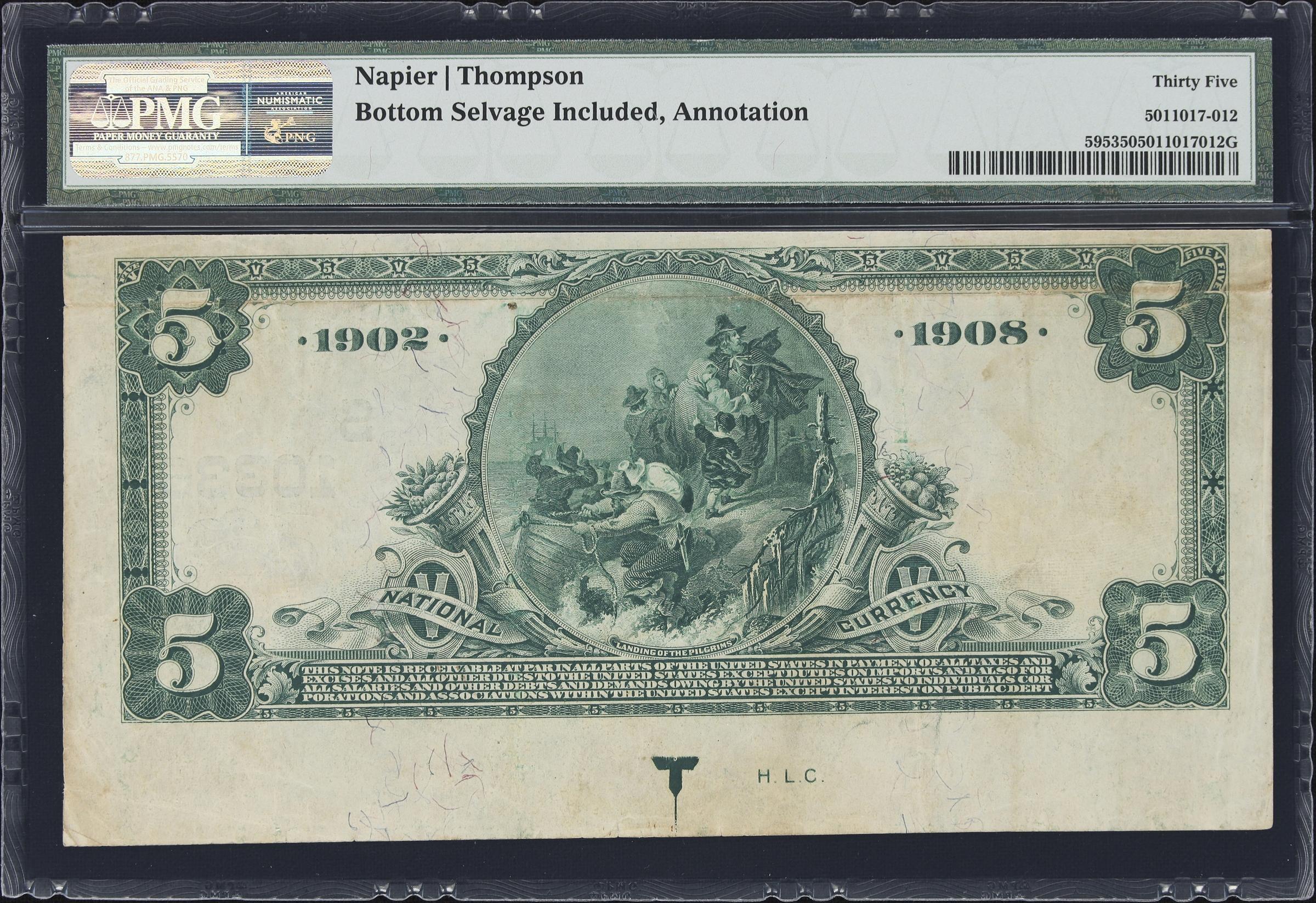 image for: Decatur, Alabama. $5 1902 Date Back. Fr. 595. City NB. Charter #10336. PMG Choice Very Fine 35. Serial Number 1.