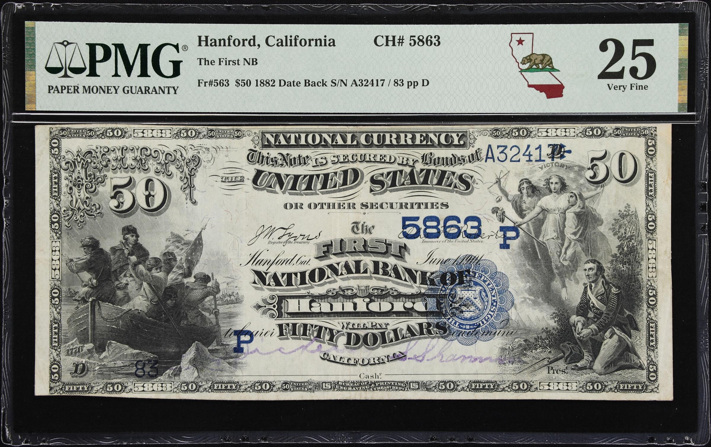 image for: Hanford, California. $50 1882 Date Back. Fr. 563. First NB. Charter #5863. PMG Very Fine 25.