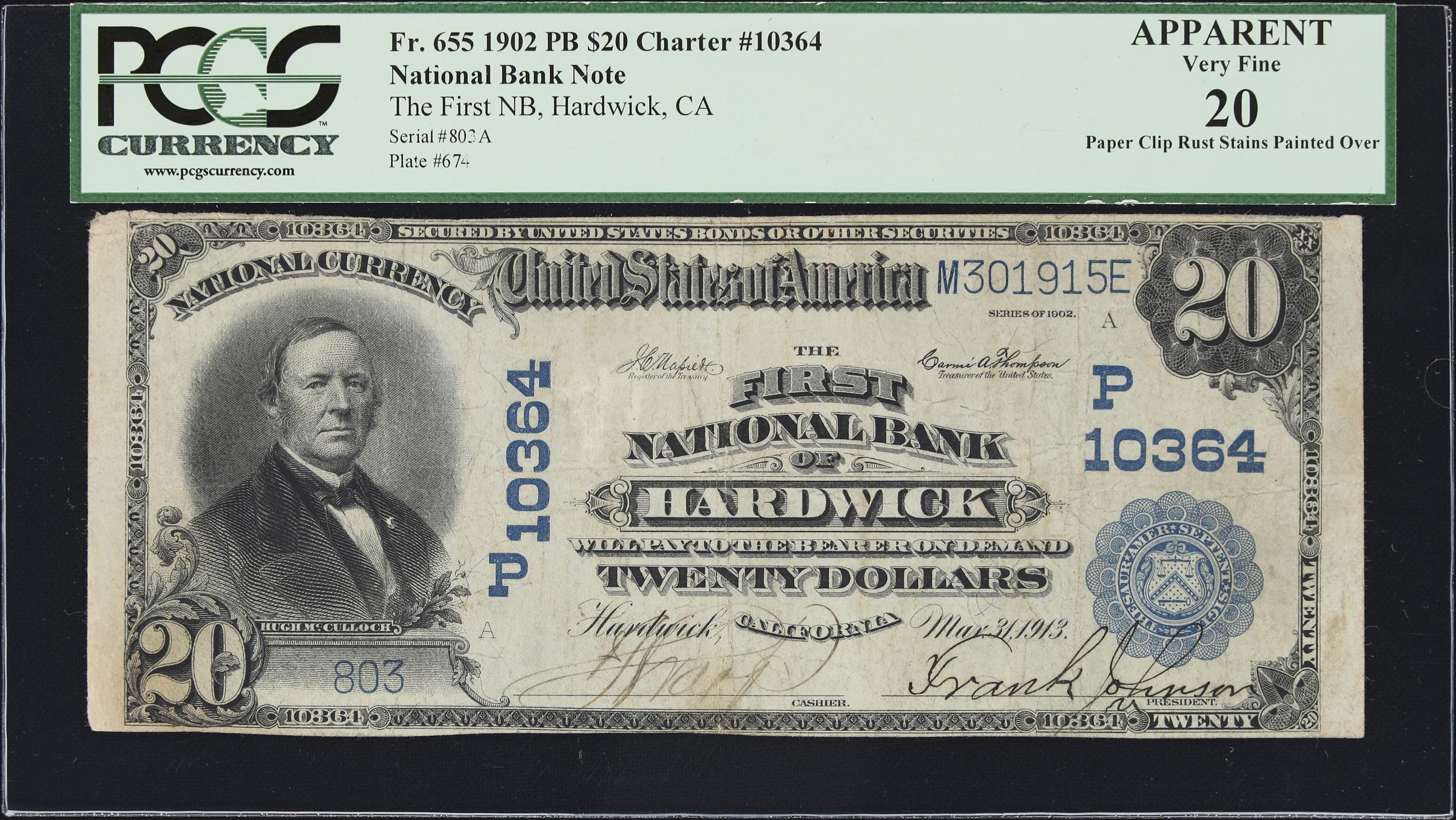 image for: Hardwick, California. $20 1902 Plain Back. Fr. 655. First NB. Charter #10364. PCGS Currency Very Fine 20 Apparent. Paper Clip Rust Stains Painted Over.