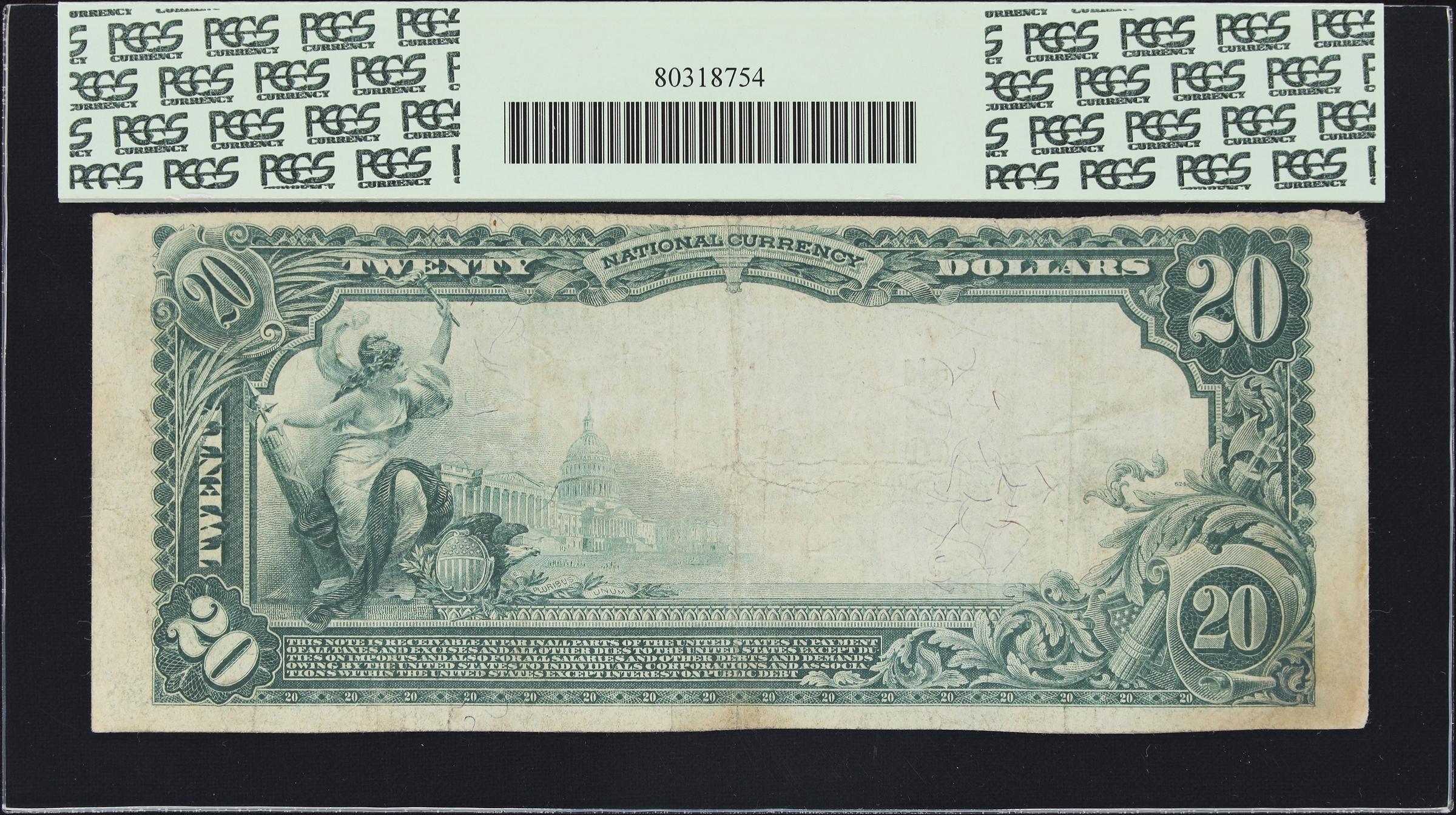 image for: Hardwick, California. $20 1902 Plain Back. Fr. 655. First NB. Charter #10364. PCGS Currency Very Fine 20 Apparent. Paper Clip Rust Stains Painted Over.