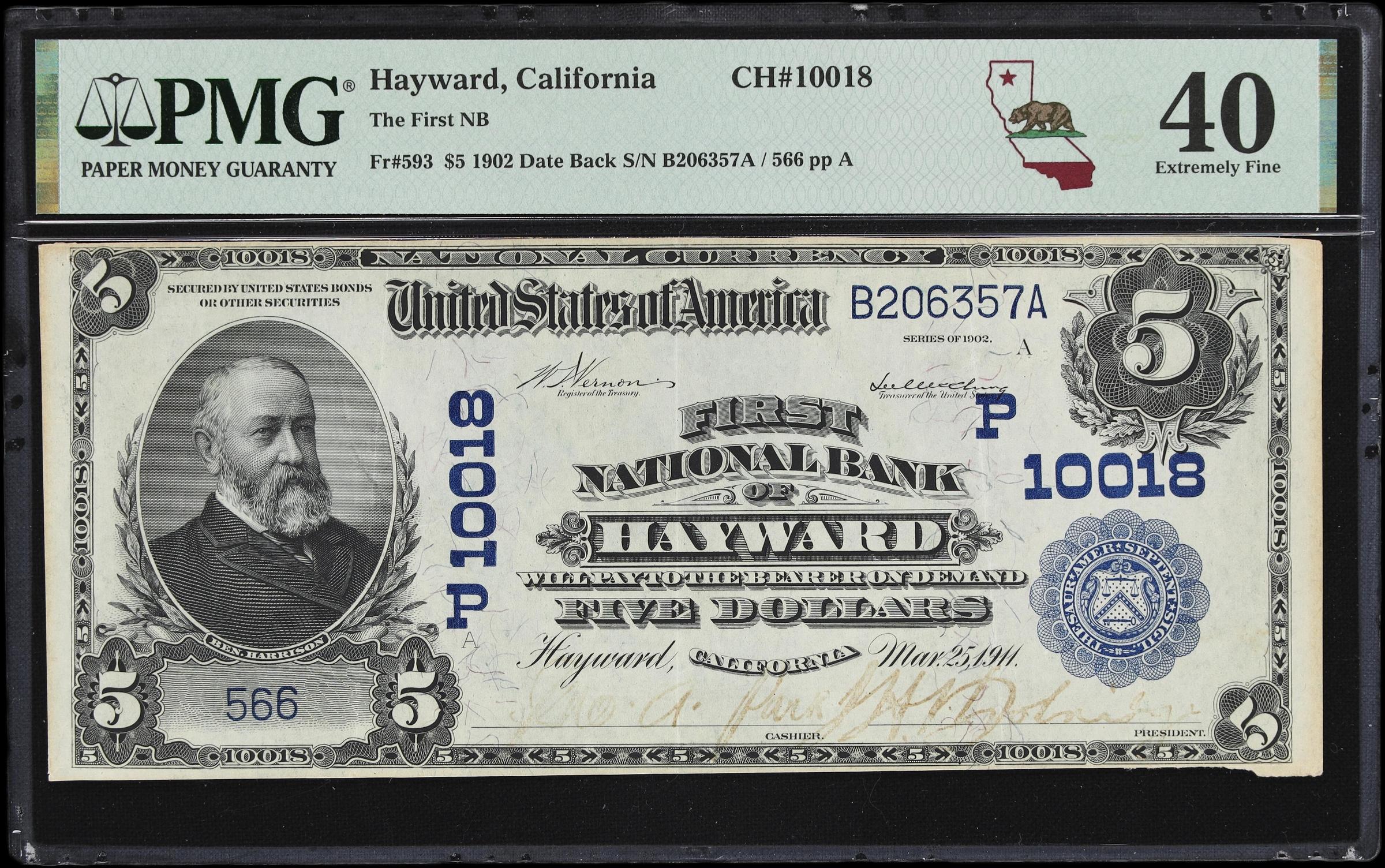 image for: Hayward, California. $5 1902 Date Back. Fr. 593. First NB. Charter #10018. PMG Extremely Fine 40.