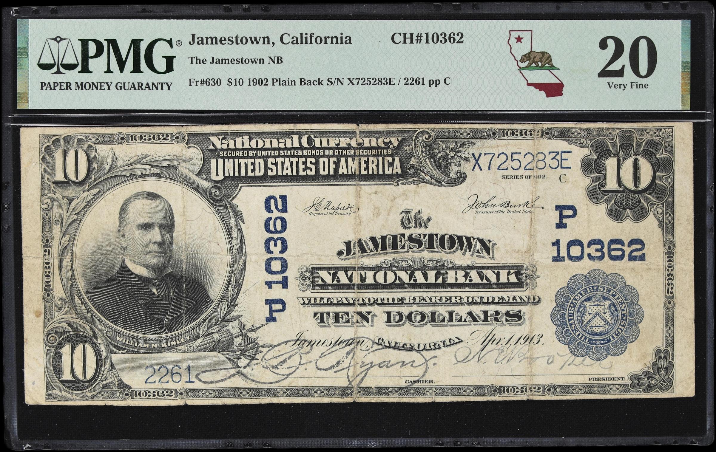 image for: Jamestown, California. $10 1902 Plain Back. Fr. 630. Jamestown NB. Charter #10362. PMG Very Fine 20.