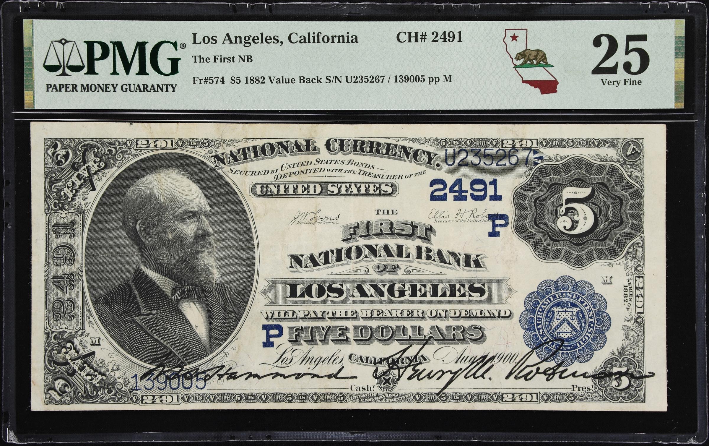 image for: Los Angeles, California. $5 1882 Value Back. Fr. 574. First NB. Charter #2491. PMG Very Fine 25.