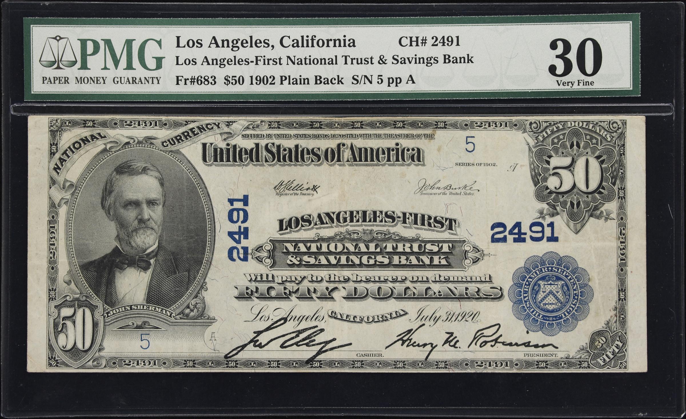 image for: Los Angeles, California. $50 1902 Plain Back. Fr. 683. Los Angeles-First National Trust & Savings Bank. Charter #2491. PMG Very Fine 30.
