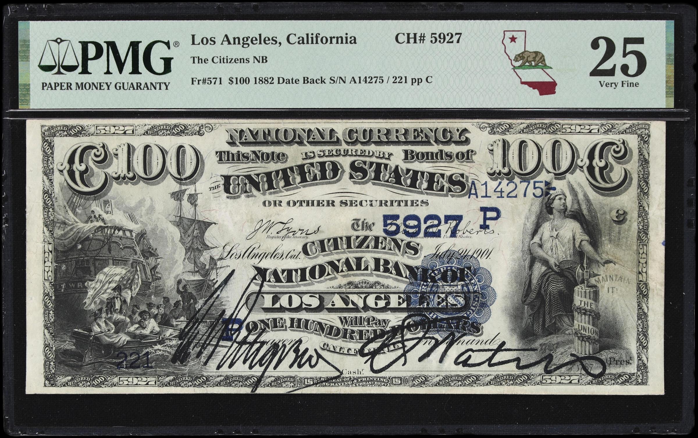 image for: Los Angeles, California. $100 1882 Date Back. Fr. 571. Citizens NB. Charter #5927. PMG Very Fine 25.