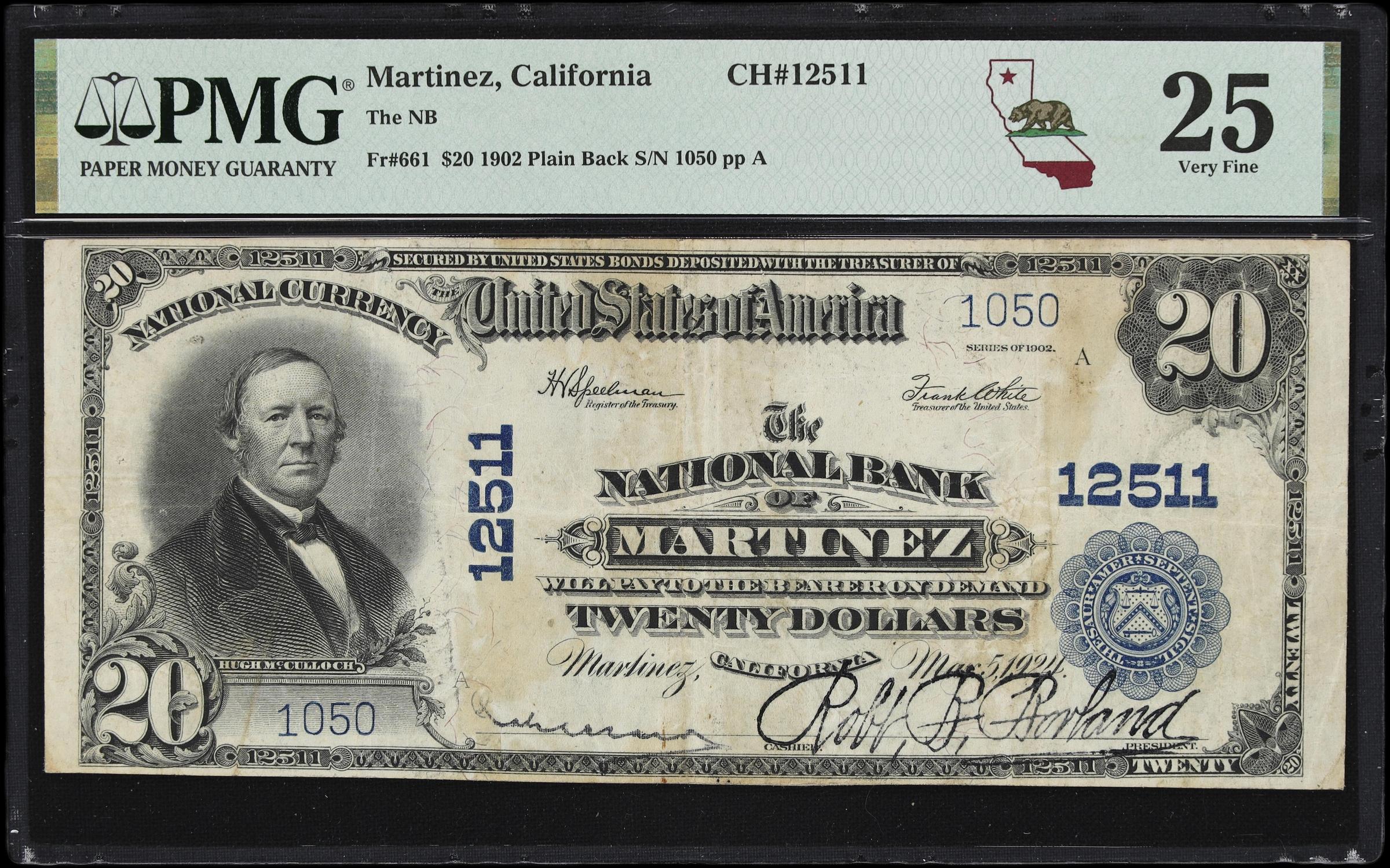 image for: Martinez, California. $20 1902 Plain Back. Fr. 661. NB. Charter #12511. PMG Very Fine 25.