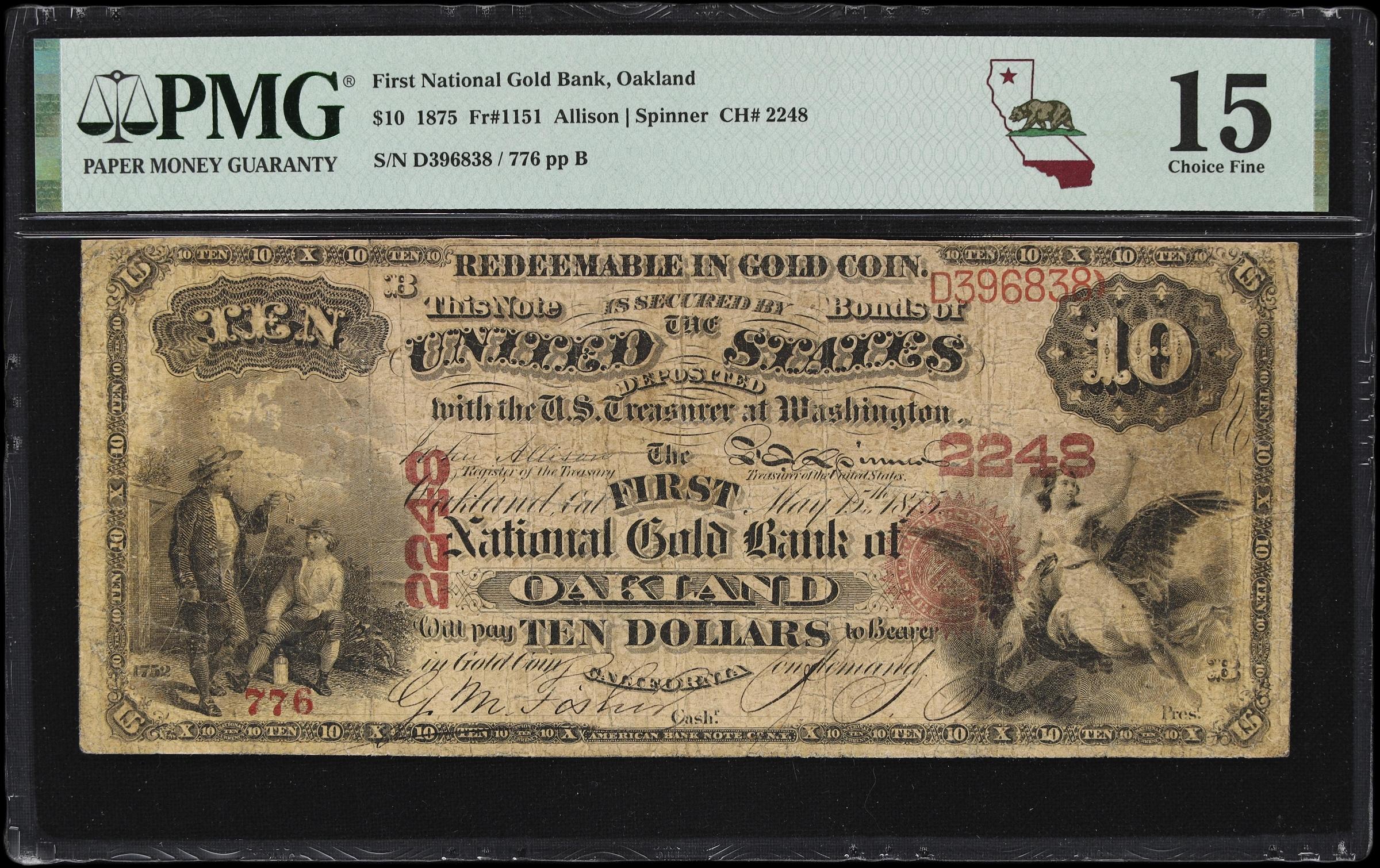 image for: Oakland, California. $10 1875. Fr. 1151. First National Gold Bank. Charter #2248. PMG Choice Fine 15.