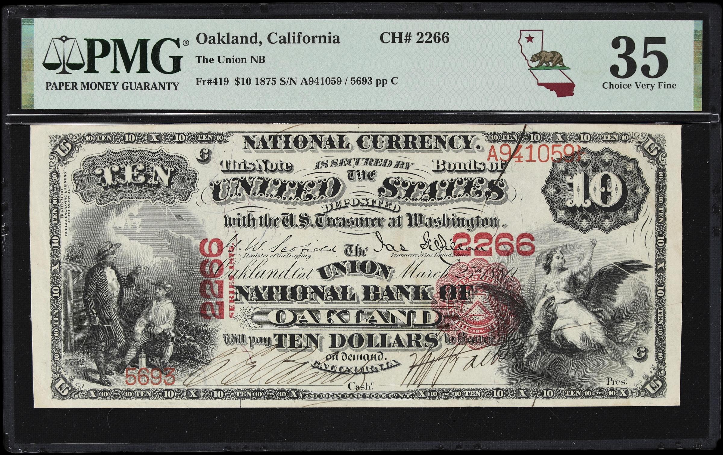 image for: Oakland, California. $10 1875. Fr. 419. Union NB. Charter #2266. PMG Choice Very Fine 35.
