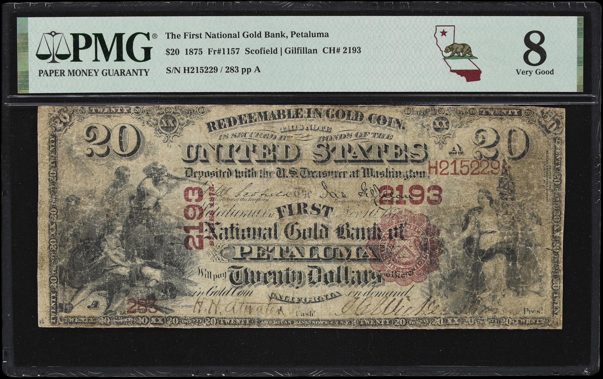 image for: Petaluma, California. $20 1875. Fr. 1157. First National Gold Bank. Charter #2193. PMG Very Good 8. White Paper.