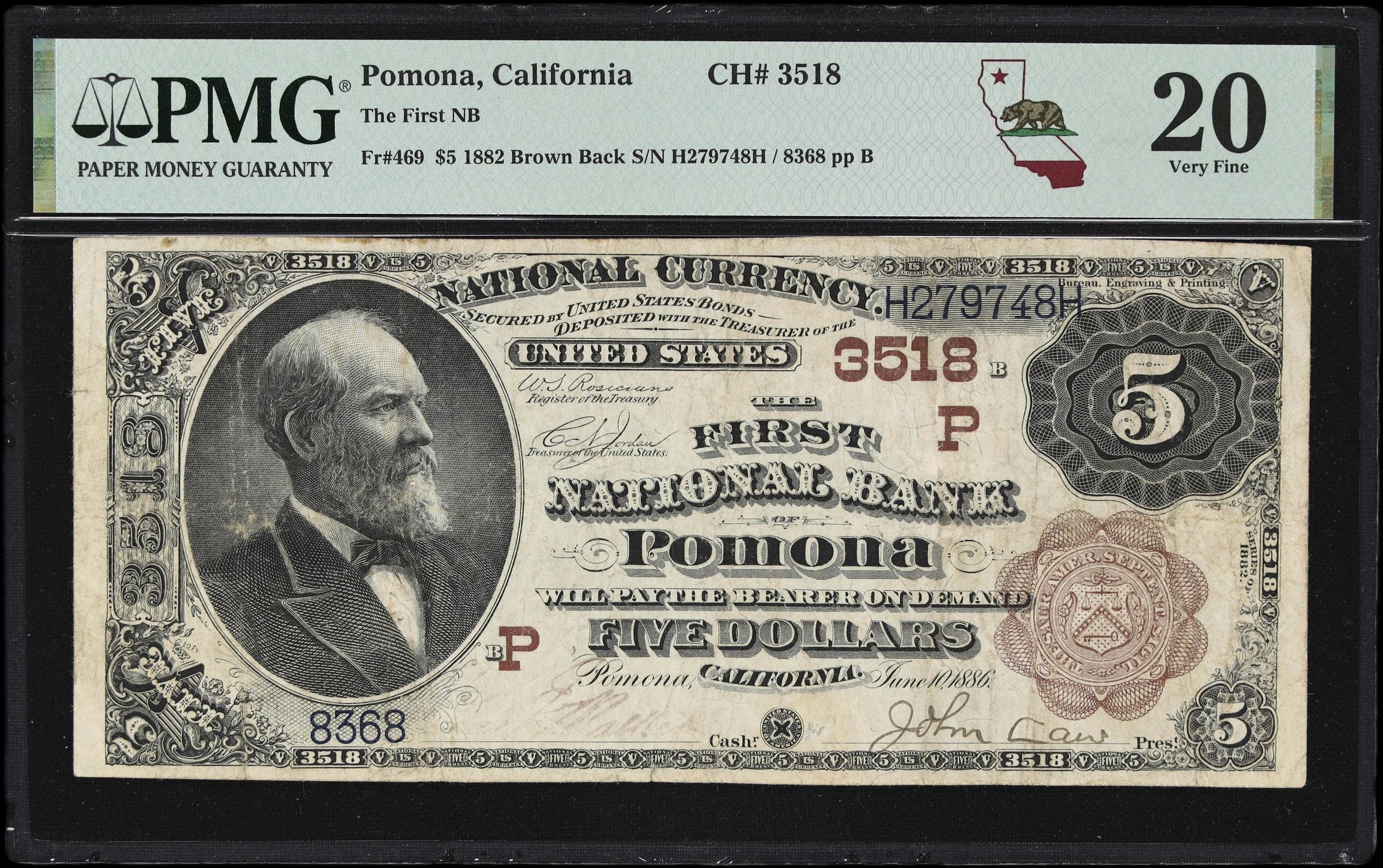 image for: Pomona, California. $5 1882 Brown Back. Fr. 469. The First NB. Charter #3518. PMG Very Fine 20.
