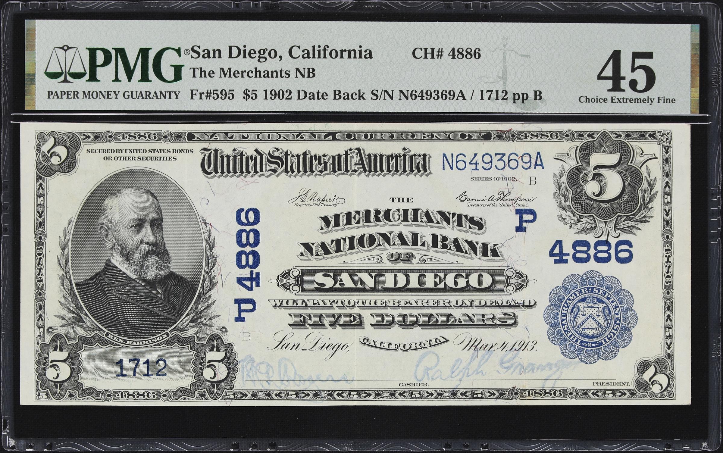 image for: San Diego, California. $5 1902 Date Back. Fr. 595. Merchants NB. Charter #4886. PMG Choice Extremely Fine 45.