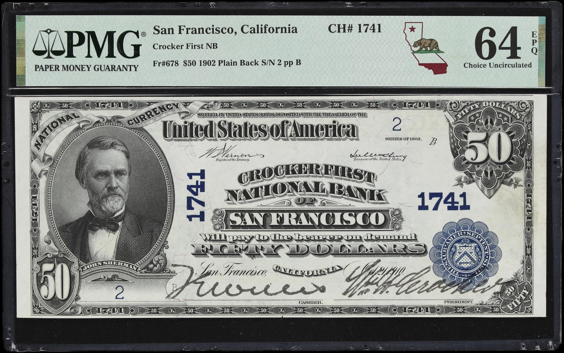 image for: San Francisco, California. $50 1902 Plain Back. Fr. 678. Crocker First NB. Charter #1741. PMG Choice Uncirculated 64 EPQ. Serial Number 2.