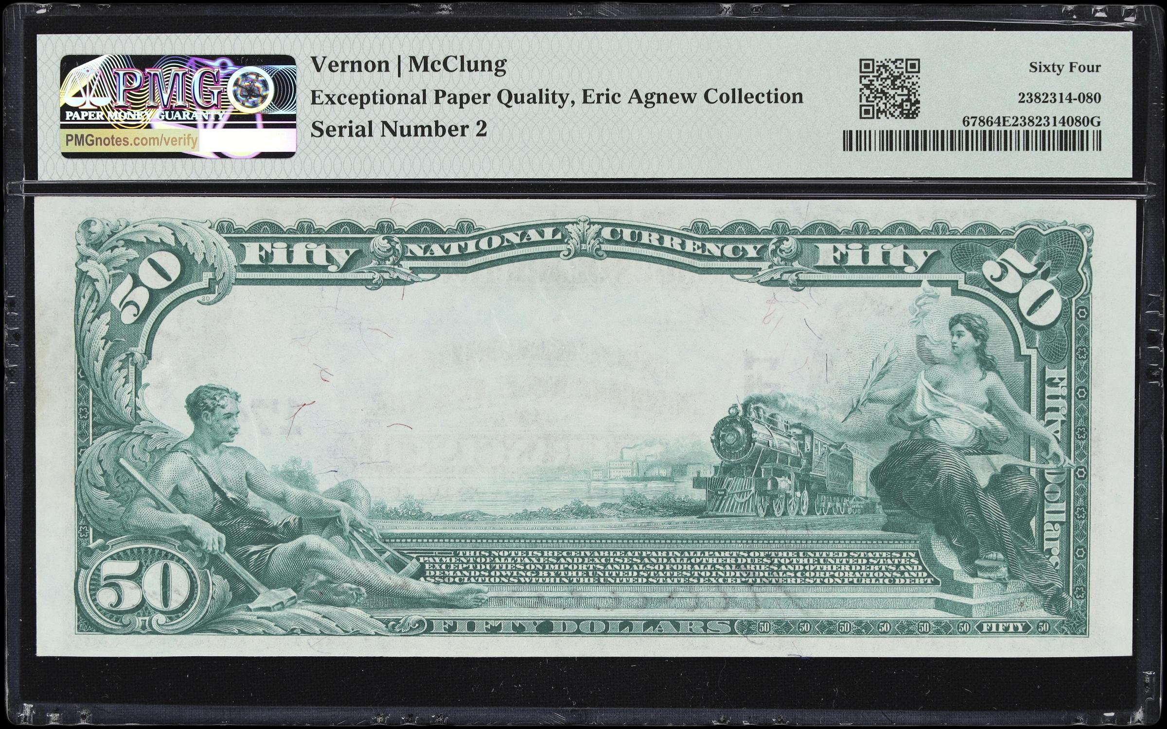 image for: San Francisco, California. $50 1902 Plain Back. Fr. 678. Crocker First NB. Charter #1741. PMG Choice Uncirculated 64 EPQ. Serial Number 2.