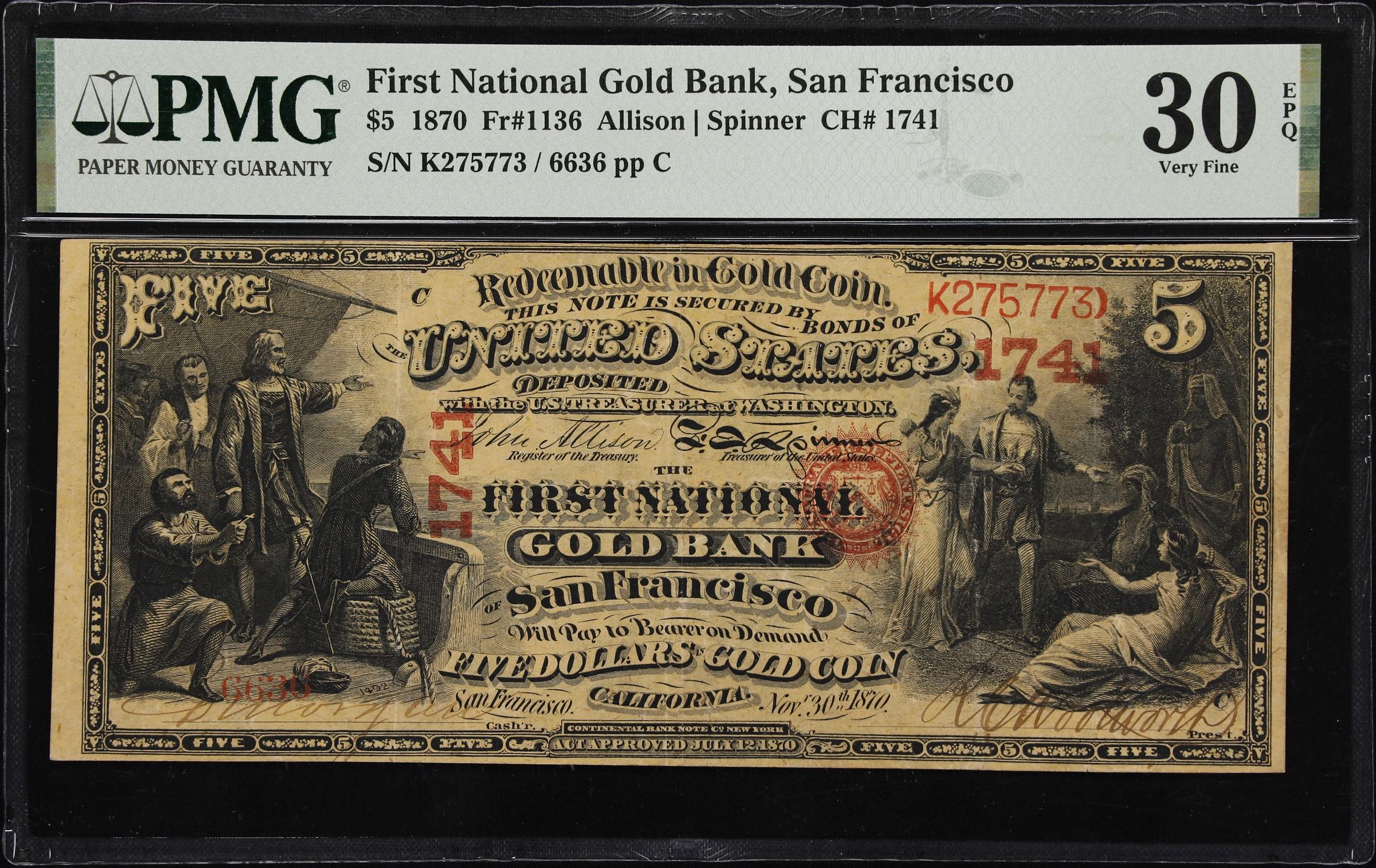 image for: San Francisco, California. $5 1870. Fr. 1136. First National Gold Bank. Charter #1741. PMG Very Fine 30 EPQ.