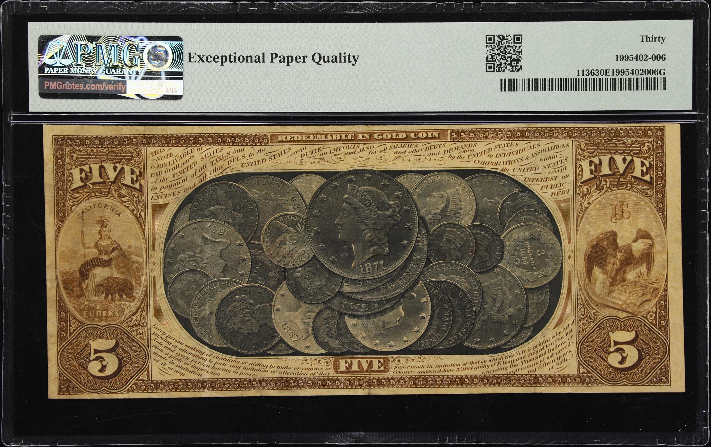 image for: San Francisco, California. $5 1870. Fr. 1136. First National Gold Bank. Charter #1741. PMG Very Fine 30 EPQ.