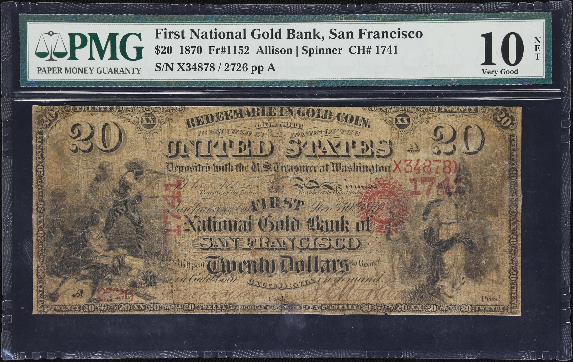 image for: San Francisco, California. $20 1870. Fr. 1152. First National Gold Bank. Charter #1741. PMG Very Good 10 Net. Repaired, Trimmed.