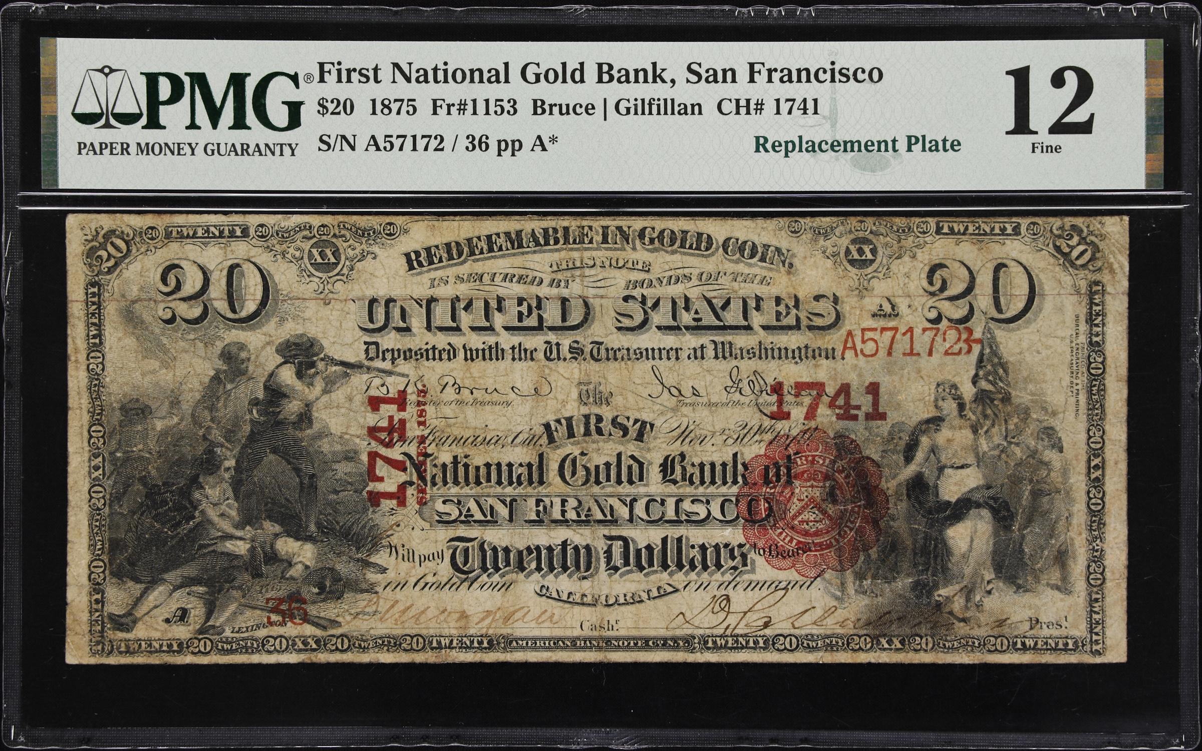 image for: San Francisco, California. $20 1875. Fr. 1153. First National Gold Bank. Charter #1741. PMG Fine 12. Replacement Plate.