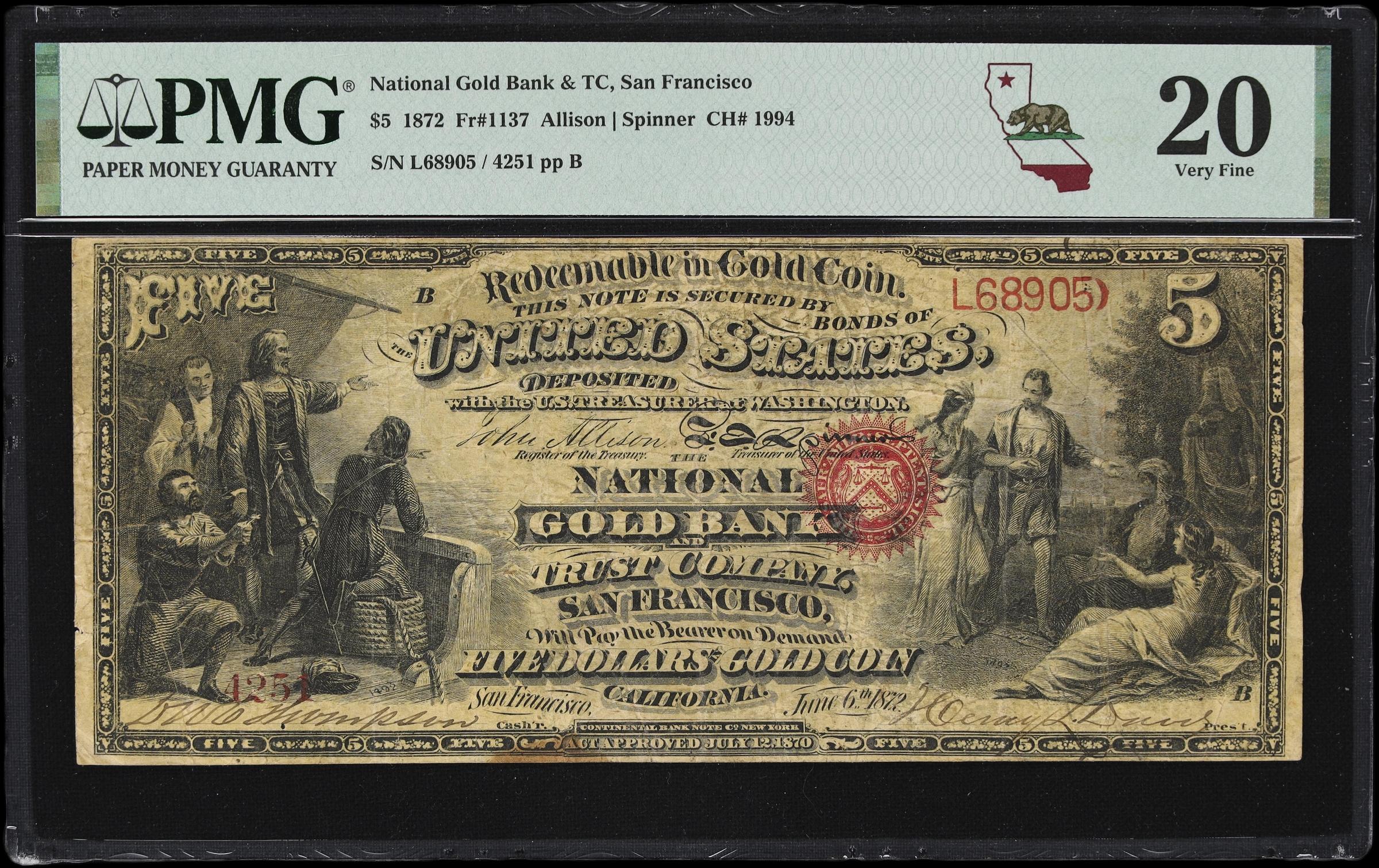image for: San Francisco, California. $5  1872. Fr. 1137. National Gold Bank & Trust Company. Charter #1994. PMG Very Fine 20.