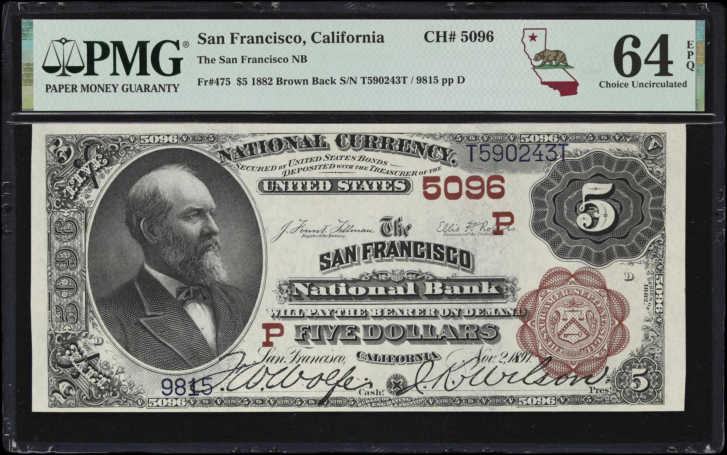 image for: San Francisco, California. $5 1882 Brown Back. Fr. 475. San Francisco NB. Charter #5096. PMG Choice Uncirculated 64 EPQ.