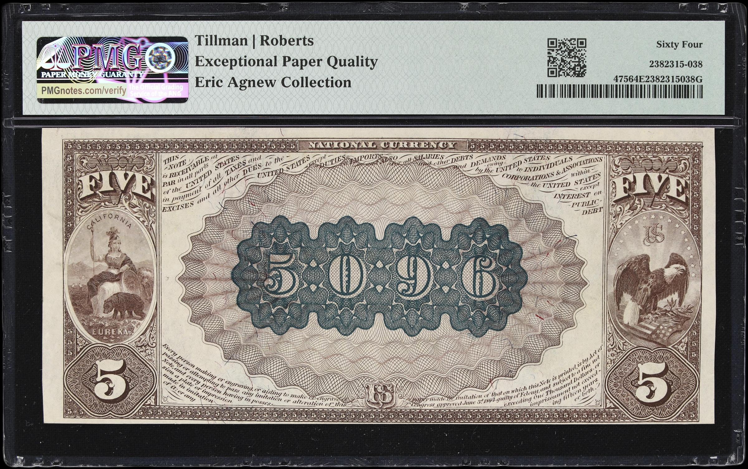 image for: San Francisco, California. $5 1882 Brown Back. Fr. 475. San Francisco NB. Charter #5096. PMG Choice Uncirculated 64 EPQ.