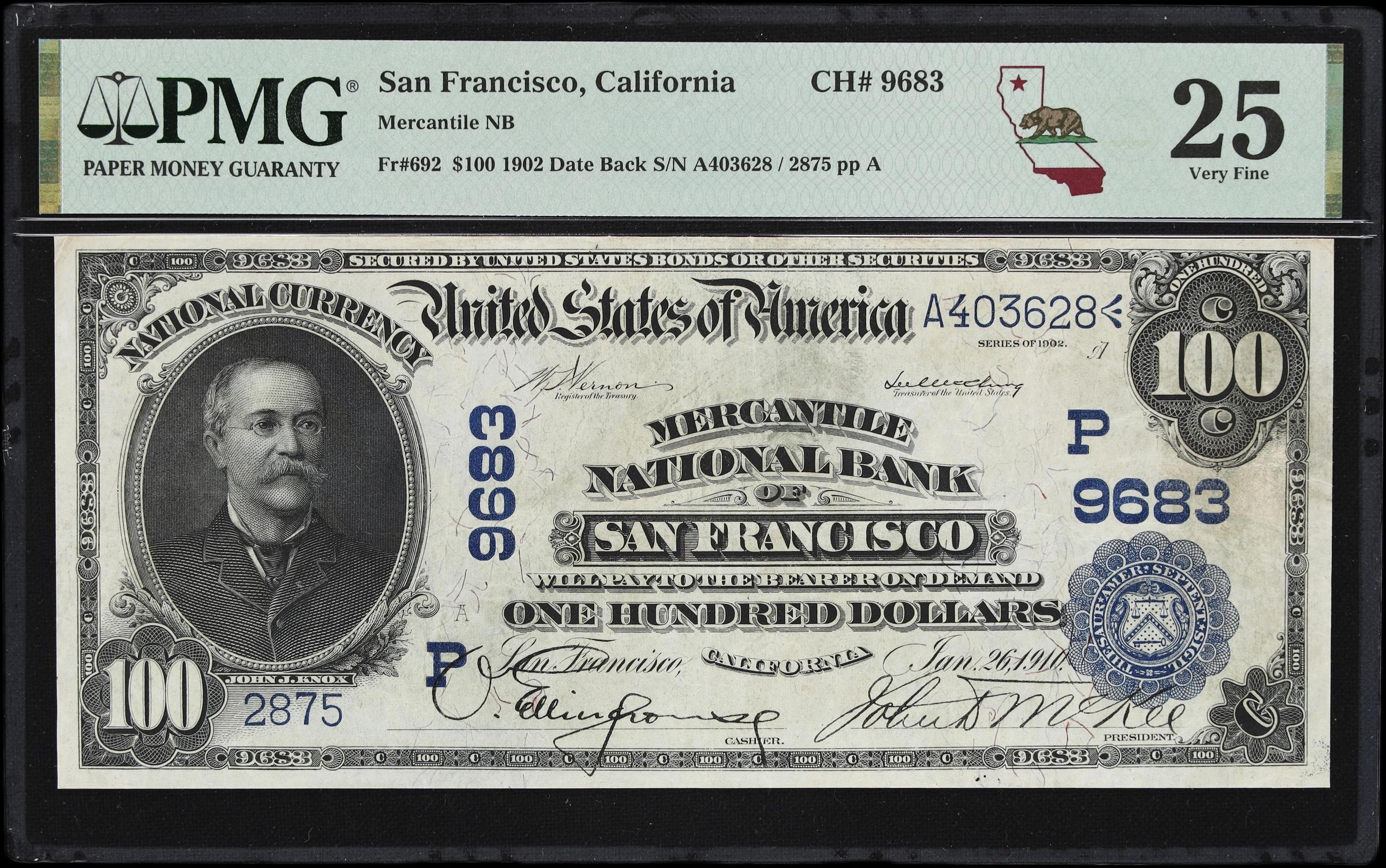 image for: San Francisco, California. $100 1902 Date Back. Fr. 692. Mercantile NB. Charter #9683. PMG Very Fine 25.