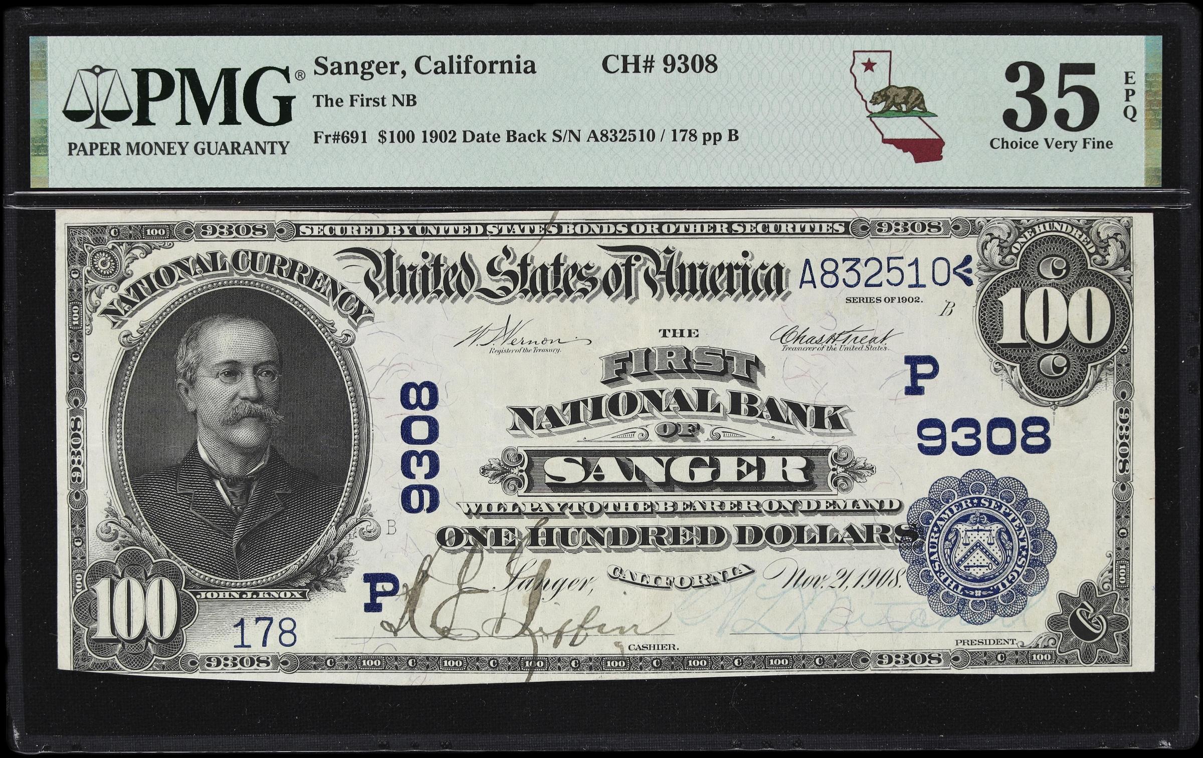 image for: Sanger, California. $100 1902 Date Back. Fr. 691. First NB. Charter #9308. PMG Choice Very Fine 35 EPQ.
