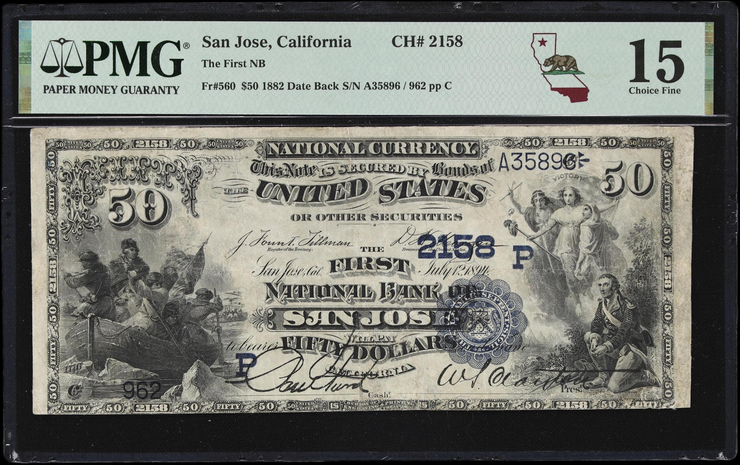 image for: San Jose, California. $50 1882 Date Back. Fr. 560. First NB. Charter #2158. PMG Choice Fine 15.