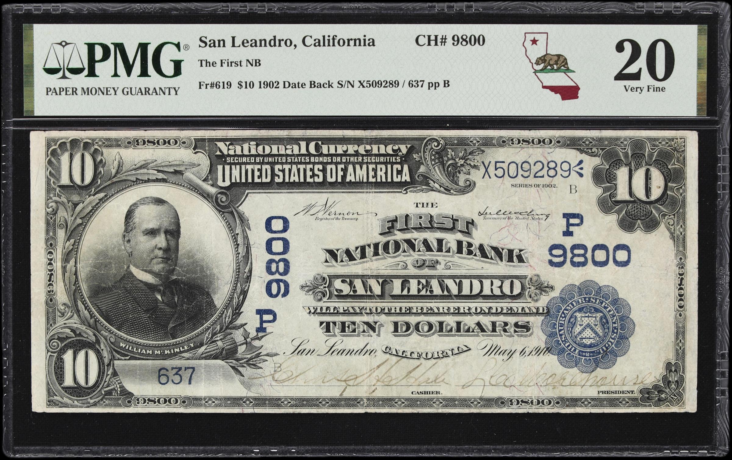image for: San Leandro, California. $10 1902 Date Back. Fr. 619. First NB. Charter #9800. PMG Very Fine 20.