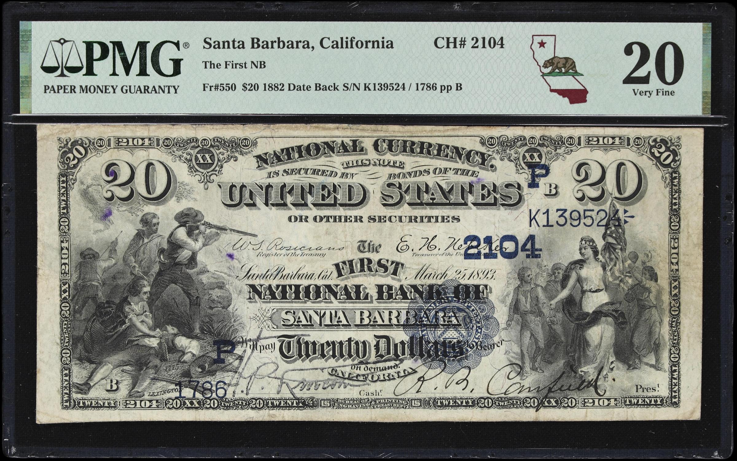 image for: Santa Barbara, California. $20 1882 Date Back. Fr. 550. First NB. Charter #2104. PMG Very Fine 20.