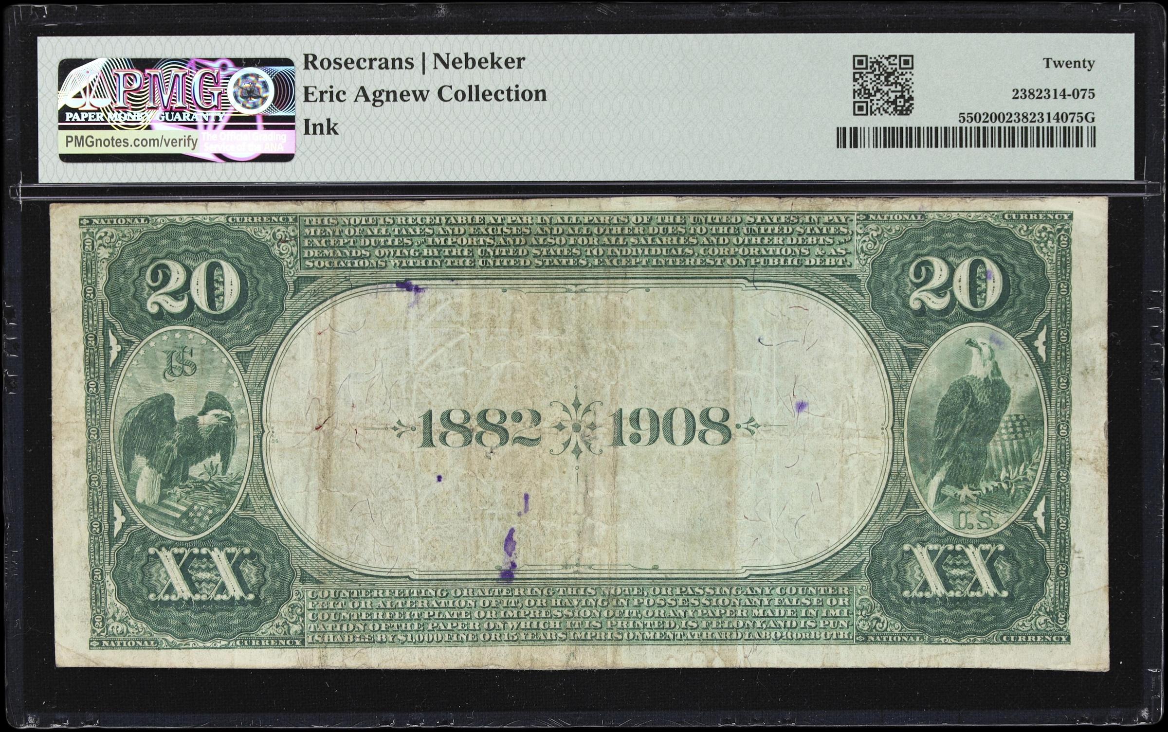 image for: Santa Barbara, California. $20 1882 Date Back. Fr. 550. First NB. Charter #2104. PMG Very Fine 20.