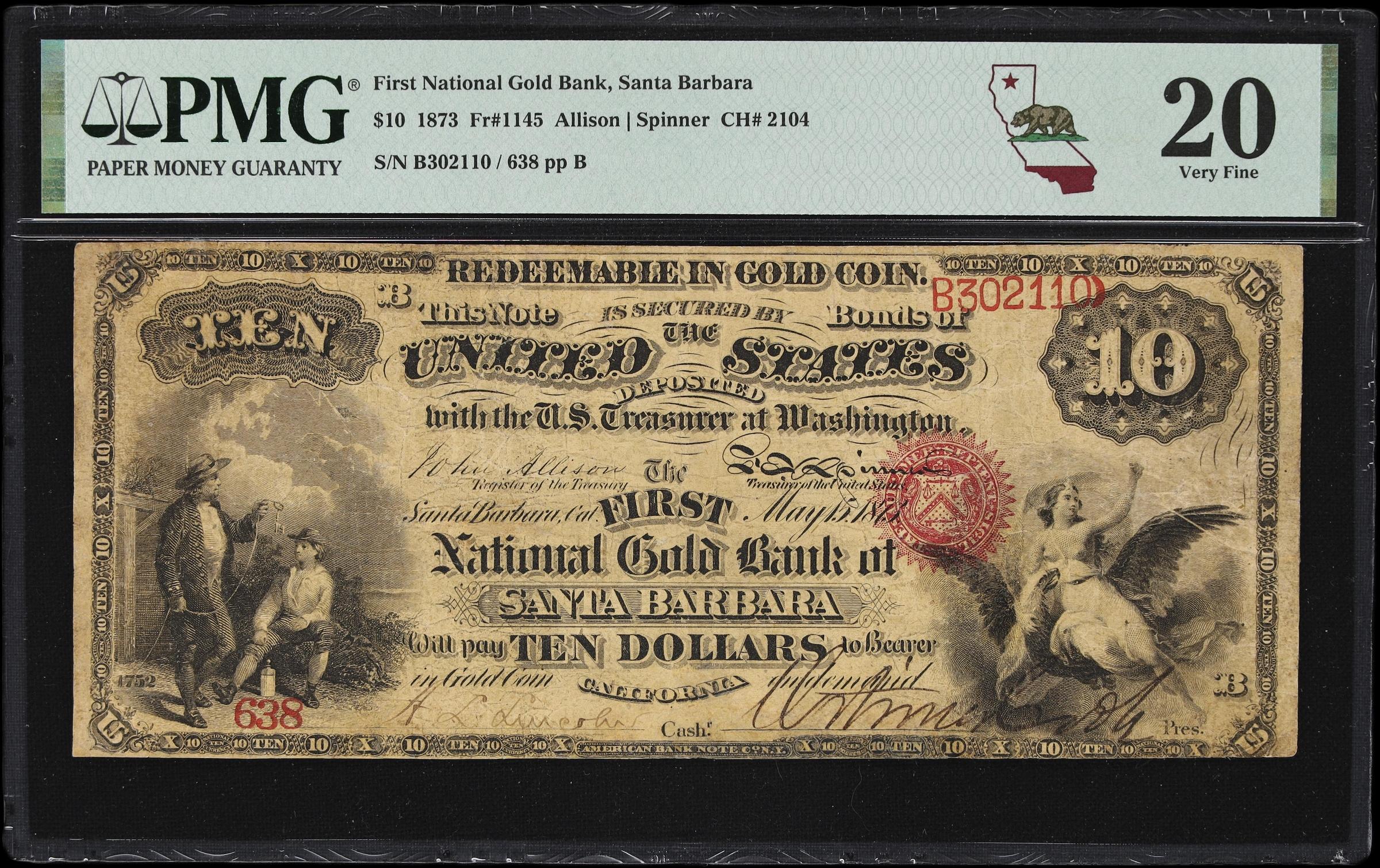 image for: Santa Barbara, California. $10 1873. Fr. 1145. First National Gold Bank. Charter #2104. PMG Very Fine 20.
