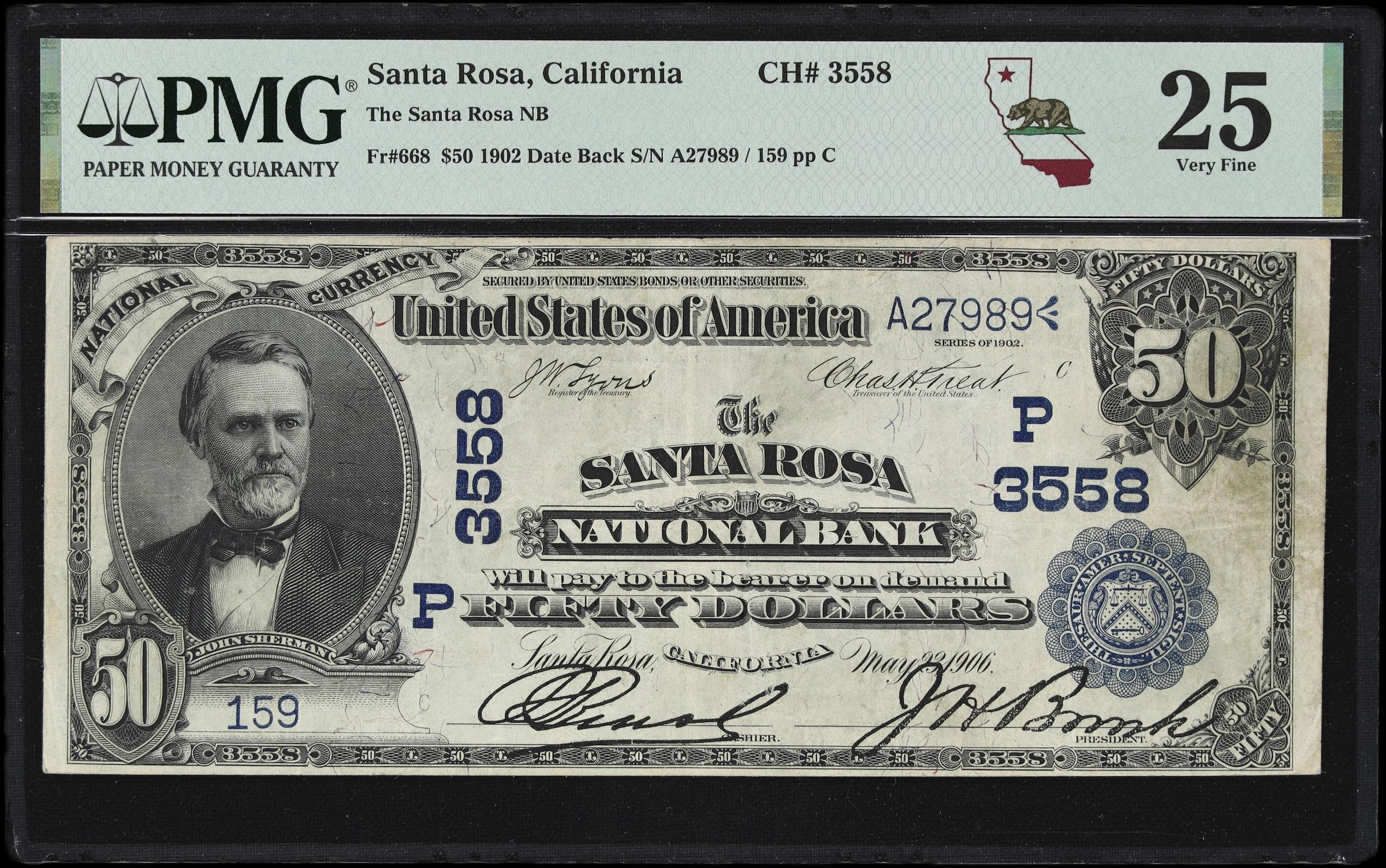 image for: Santa Rosa, California. $50 1902 Date Back. Fr. 668. Santa Rosa NB. Charter #3558. PMG Very Fine 25.