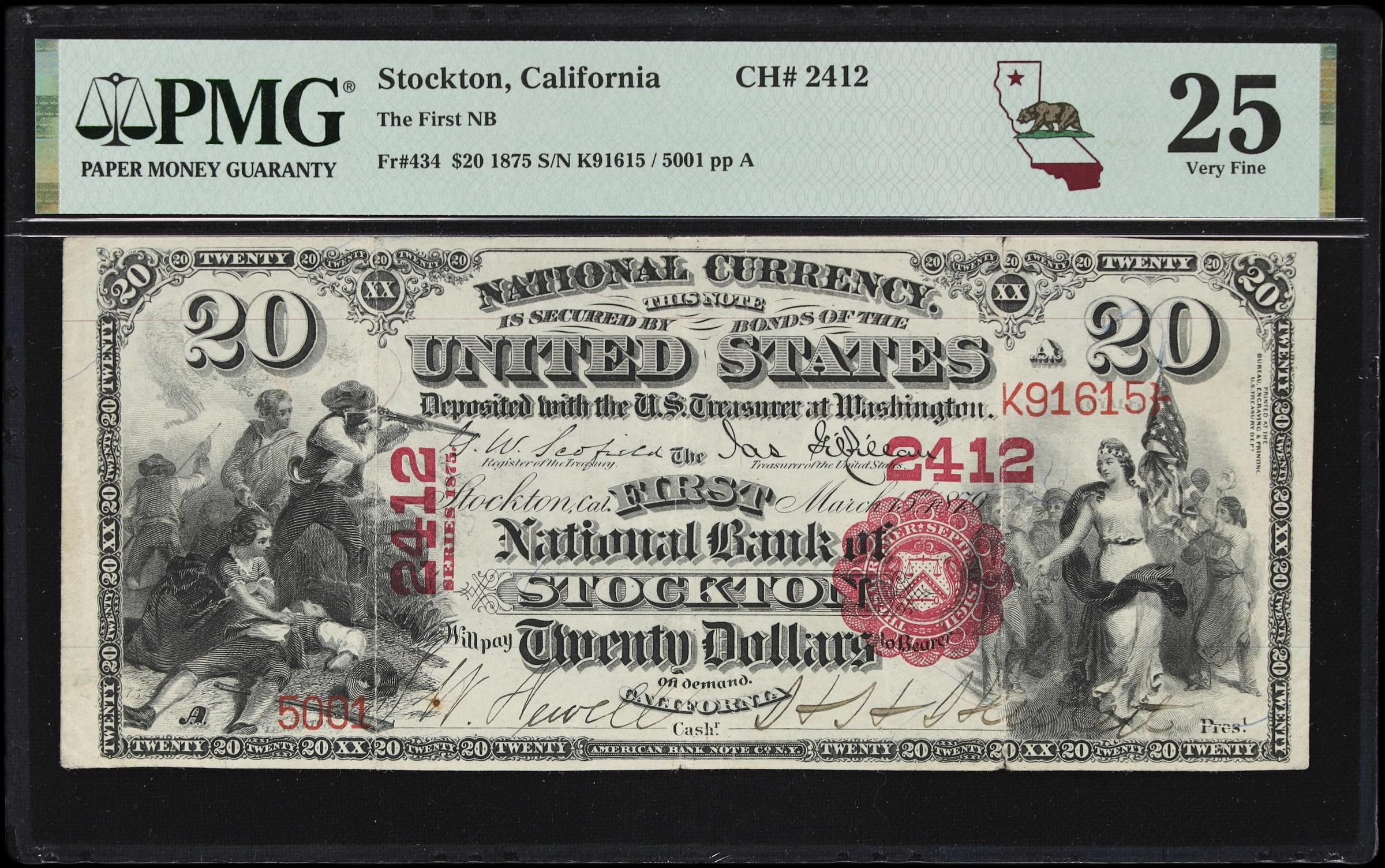 image for: Stockton, California. $20 1875. Fr. 434. First NB. Charter #2412. PMG Very Fine 25.