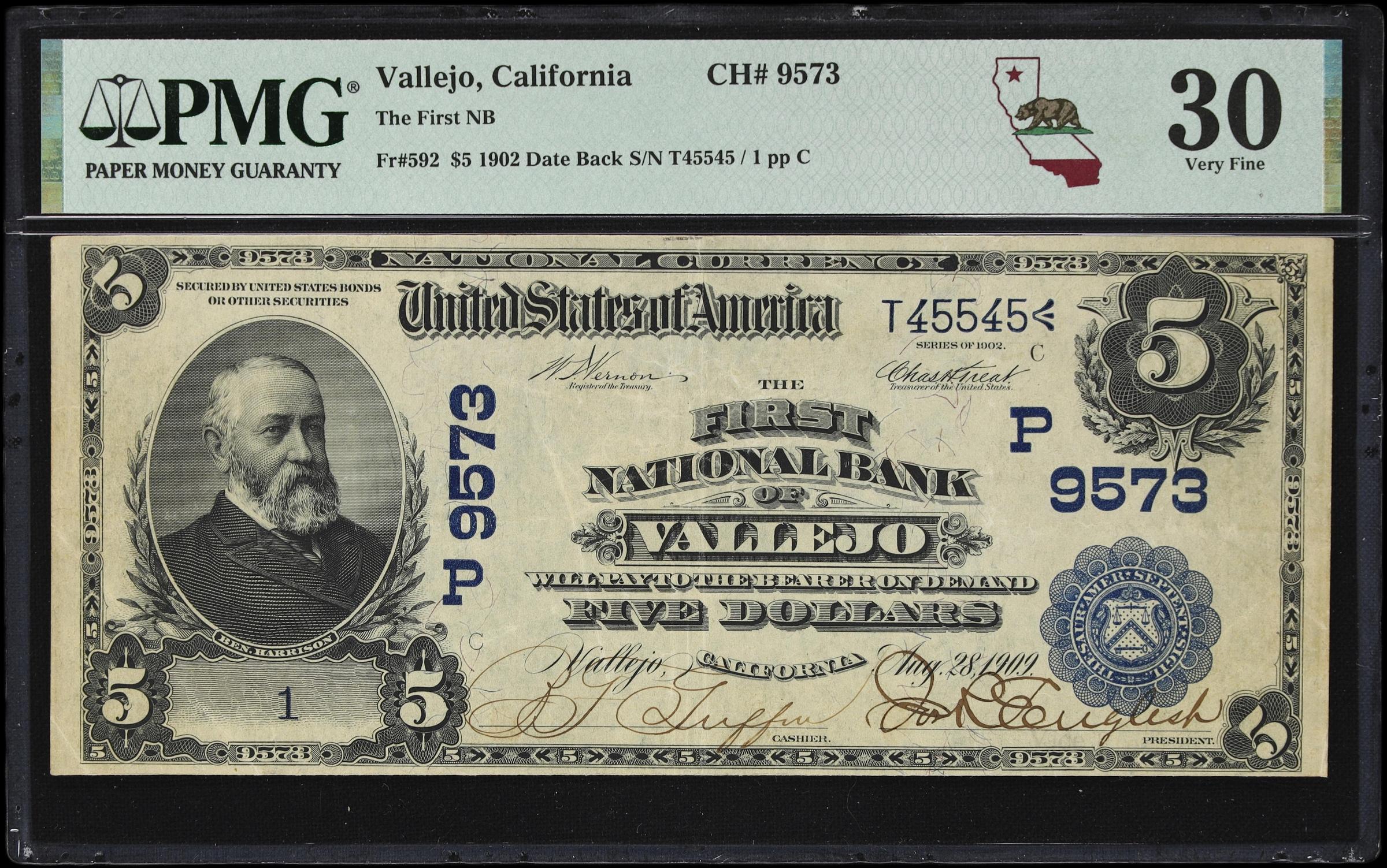 image for: Vallejo, California. $5 1902 Date Back. Fr. 592. First NB. Charter #9573. PMG Very Fine 30. Serial Number 1. Replacement.