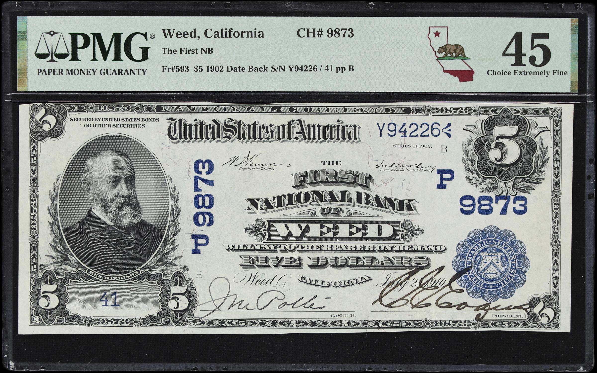 image for: Weed, California. $5 1902 Date Back. Fr. 593. First NB. Charter #9873. PMG Choice Extremely Fine 45.